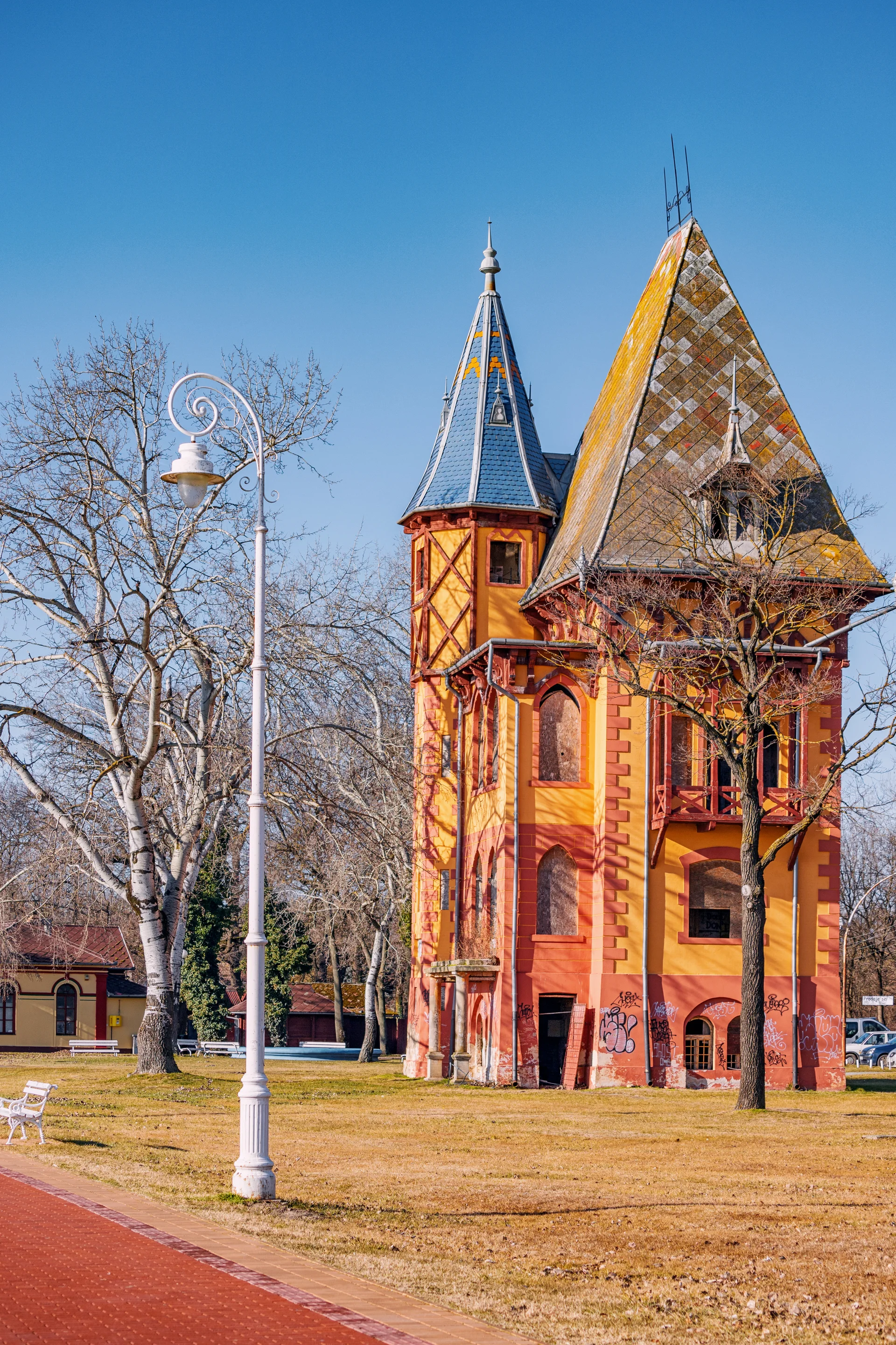 28 January 2024 Palic Serbia Charming Owl Tower Architecture Along Palic Lakes Embankment Creating Scenic Backdrop Visitor…