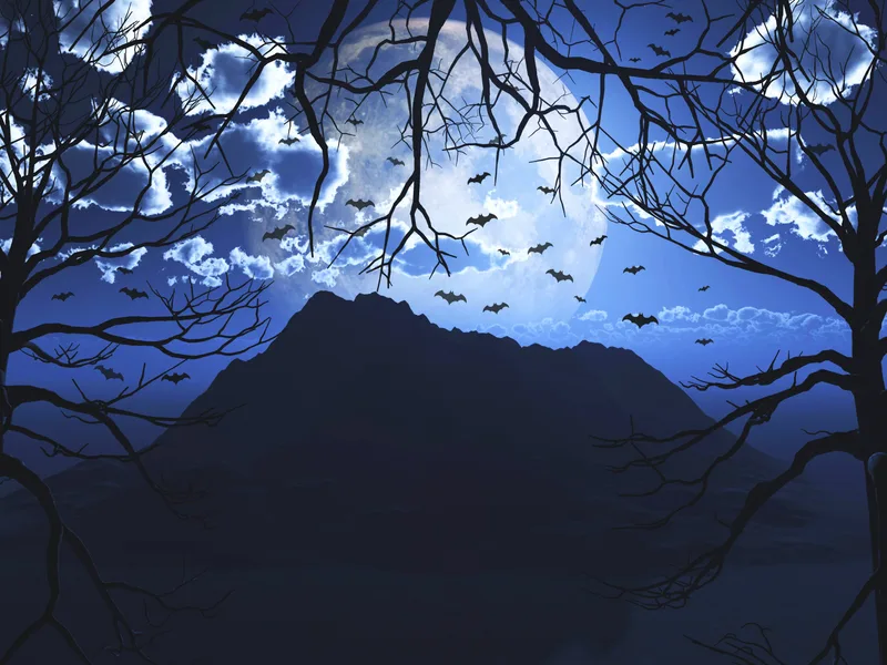 3d Render Halloween Landscape With Flying Bats