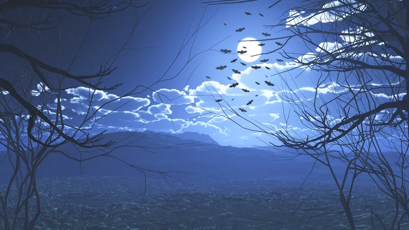 3d Render Spooky Halloween Landscape With Flying Bats