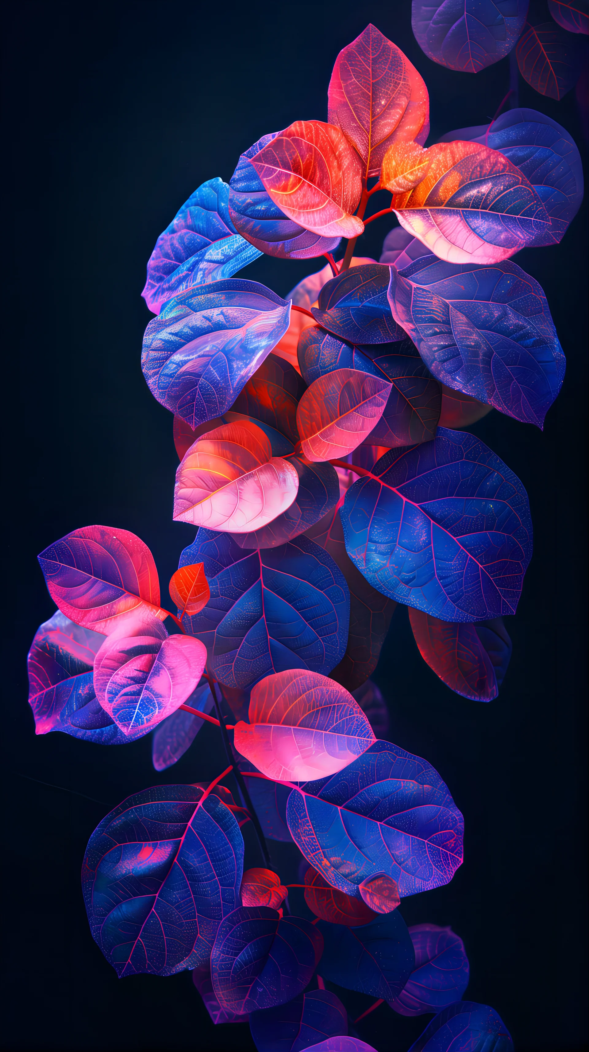 Abstract Leaves Neon Colors Black Background. Abstract wallpaper. 3264×5824px. Free download for personal use.