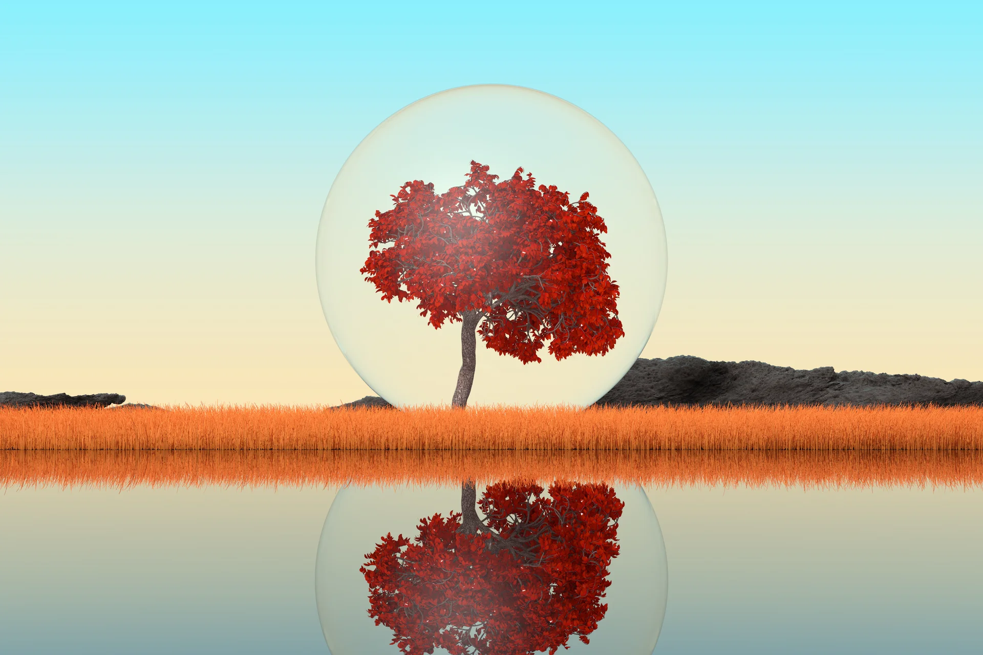 Abstract Singl Autumn Tree Inside Glass Ball Standing Long Grass River Bank Extreme Closeup 3d Rendering. Nature wallpaper…