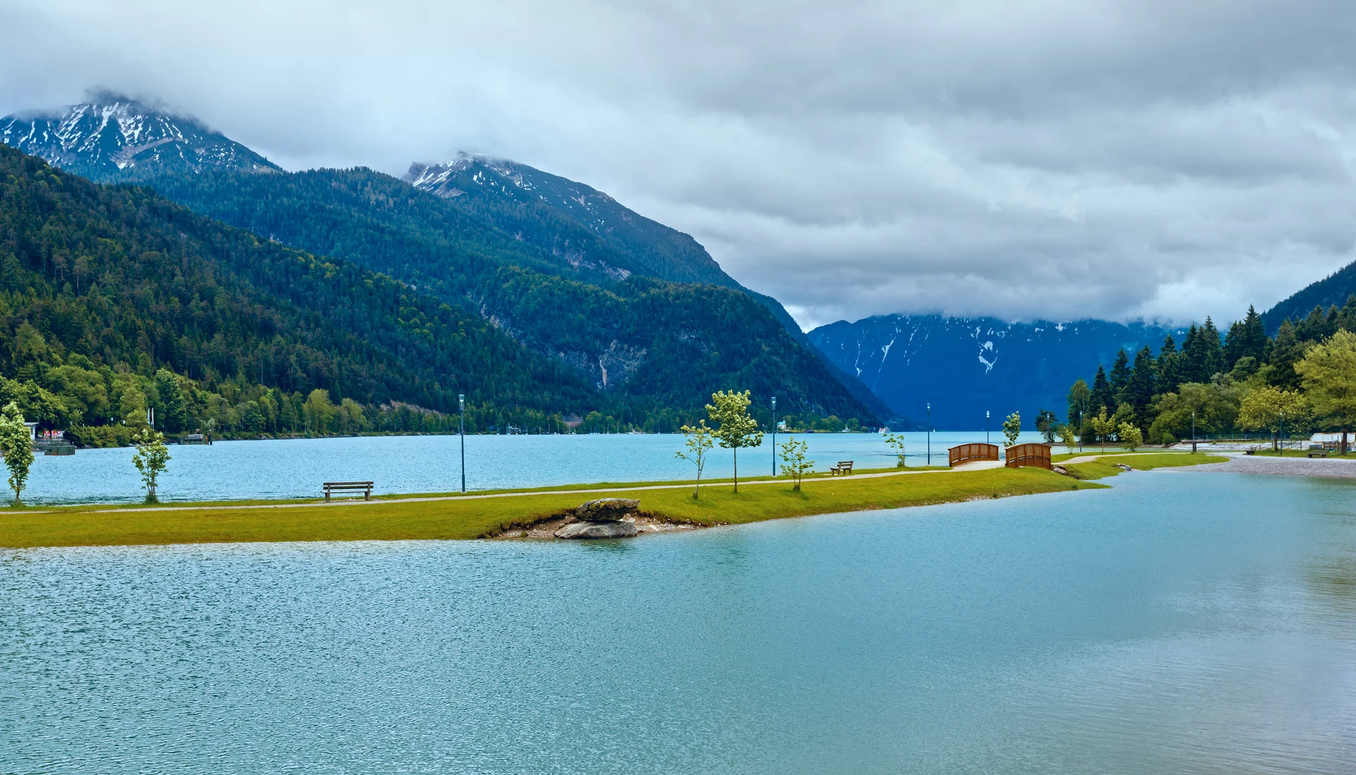 Achensee Lake Achen Summer Landscape With Wooden Bridge Clouds Reflection Water Surface Austria. Nature wallpaper. 4546×25…