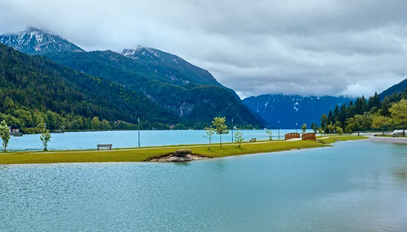 Achensee Lake Achen Summer Landscape With Wooden Bridge Clouds Reflection Water Surface Austria