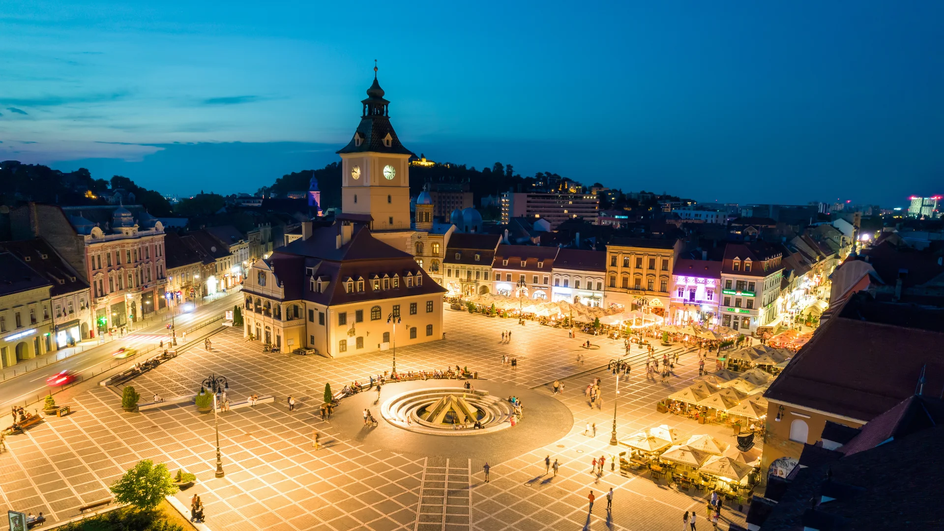 Aerial Drone View Council Square Brasov Night Romania. Aerial wallpaper. 5464×3073px. Free download for personal use.
