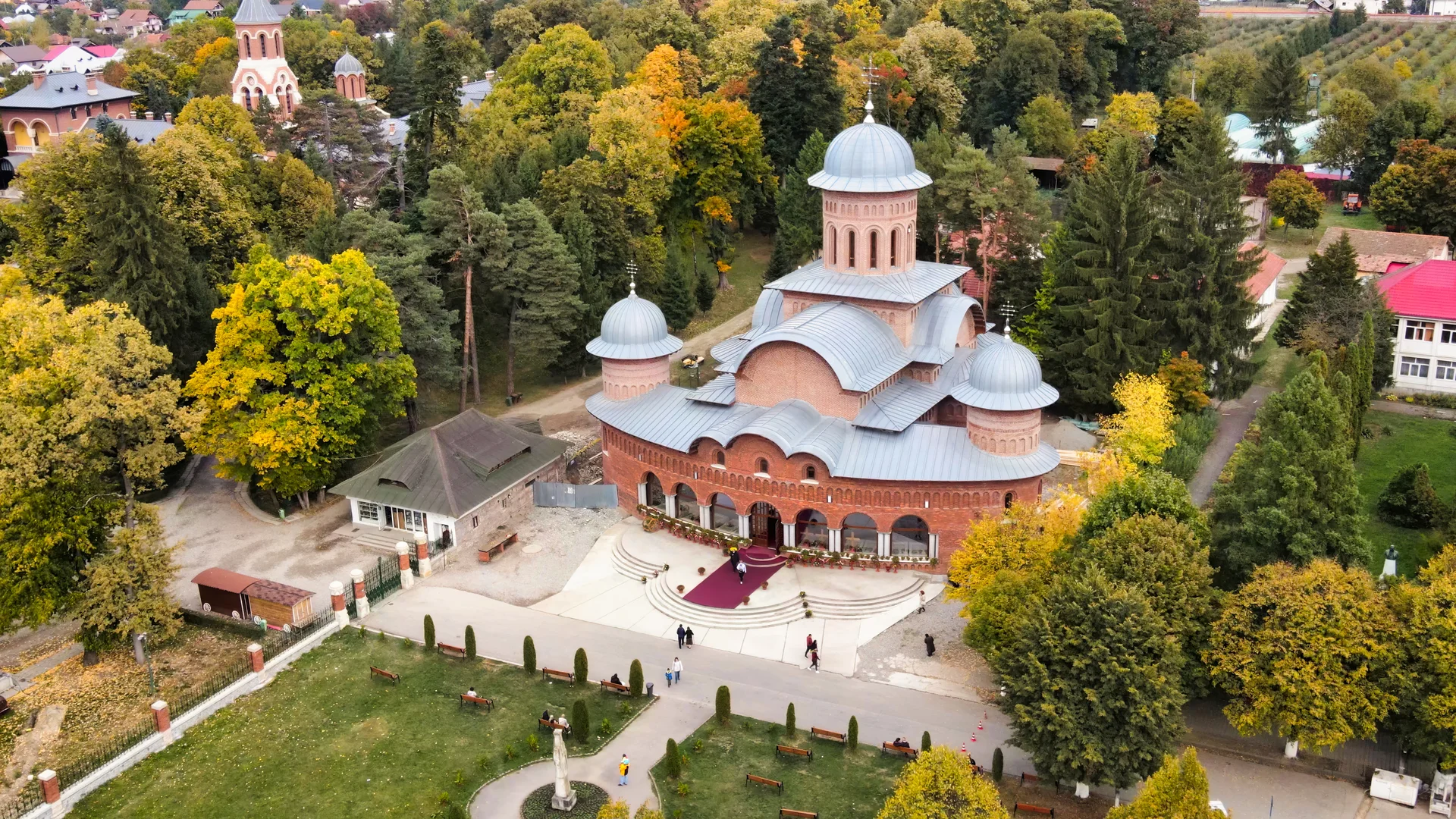 Aerial Drone View Monastery Curtea De Arges Romania. Aerial wallpaper. 7680×4320px. Free download for personal use.