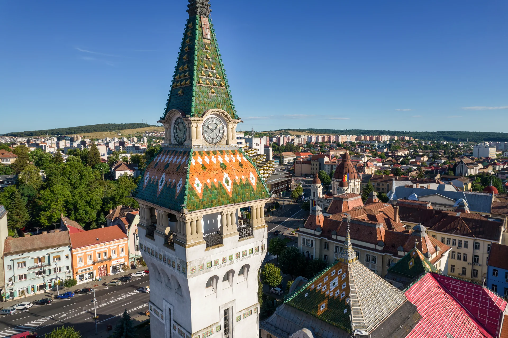 Aerial Drone View Prefecture Tower Targu Mures Romania. Aerial wallpaper. 5464×3640px. Free download for personal use.