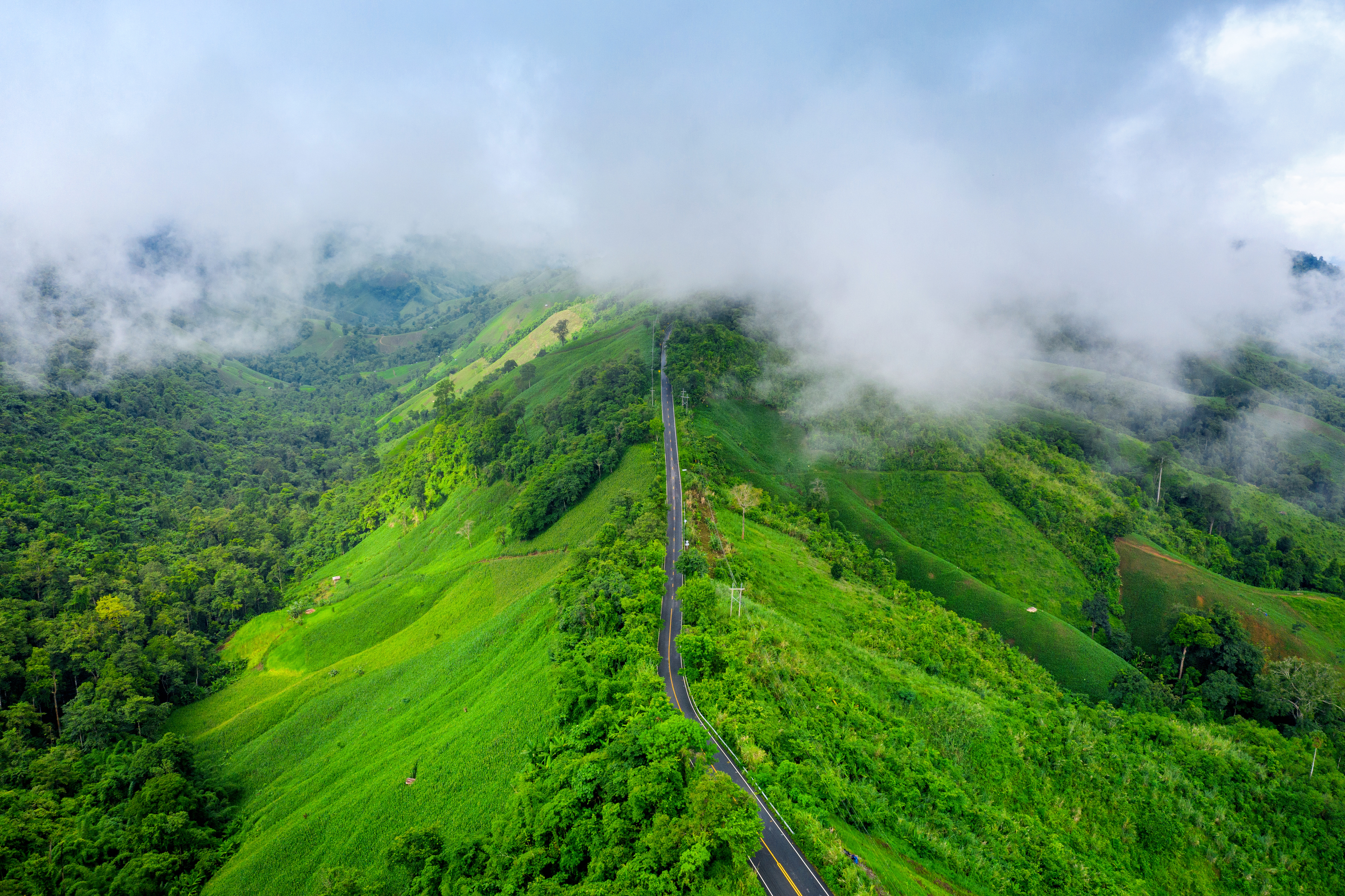 Aerial View Beautiful Sky Road Top Mountains With Green Jungle Nan Province Thailand
