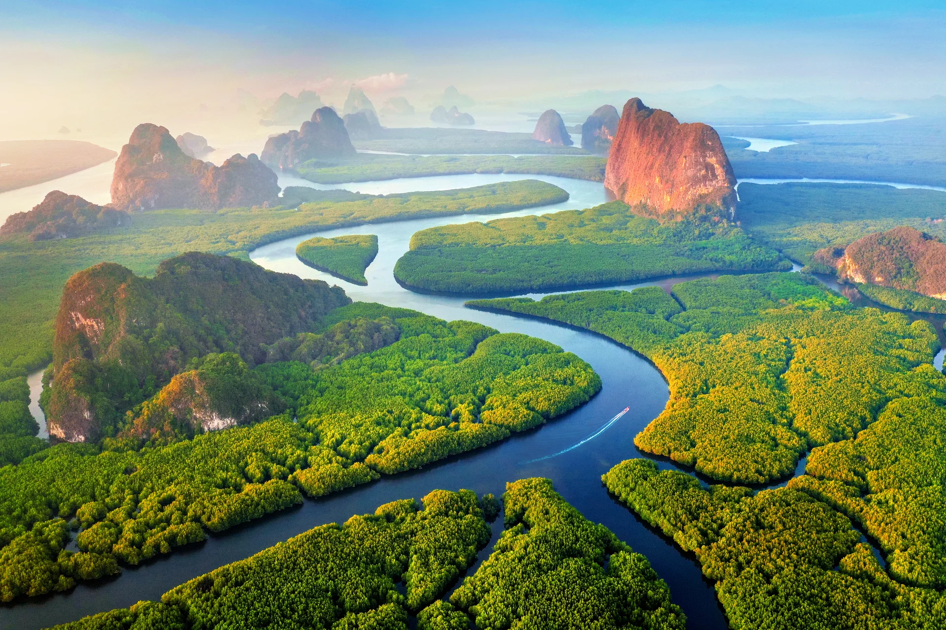 Aerial View Phang Nga Bay With Mountains Sunrise Thailand. Nature wallpaper. 5153×3435px. Free download for personal use.