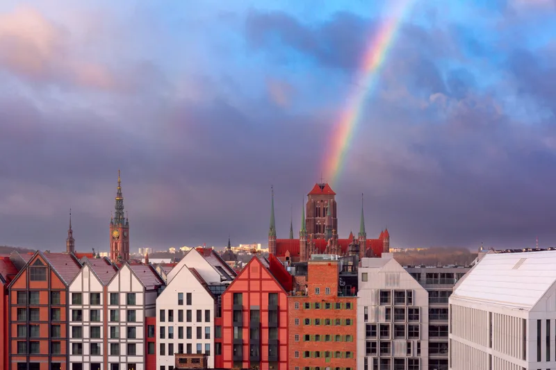 Aerial View Saint Mary Church Town Hall With Rainbow Old Town Gdansk Poland
