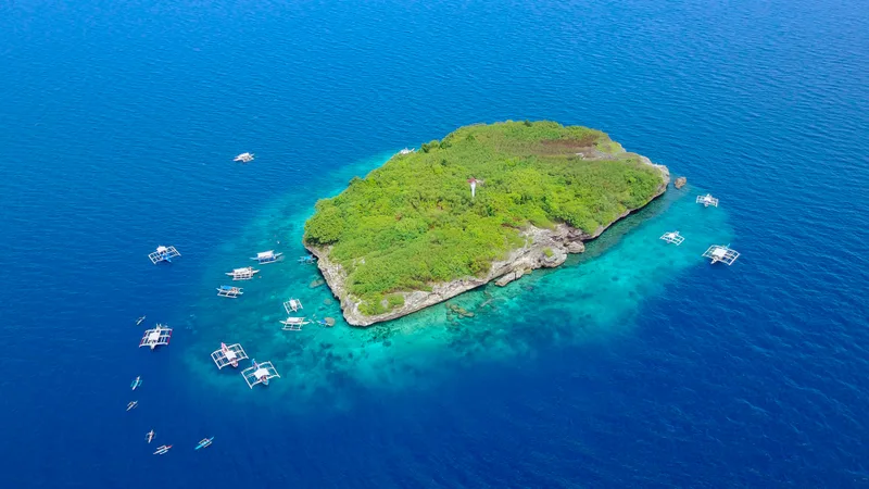 Aerial View Sandy Beach With Tourists Swimming Beautiful Clear Sea Water Sumilon Island Beach Landing Near Oslob Cebu Philippines Boost Up Color Processing 1