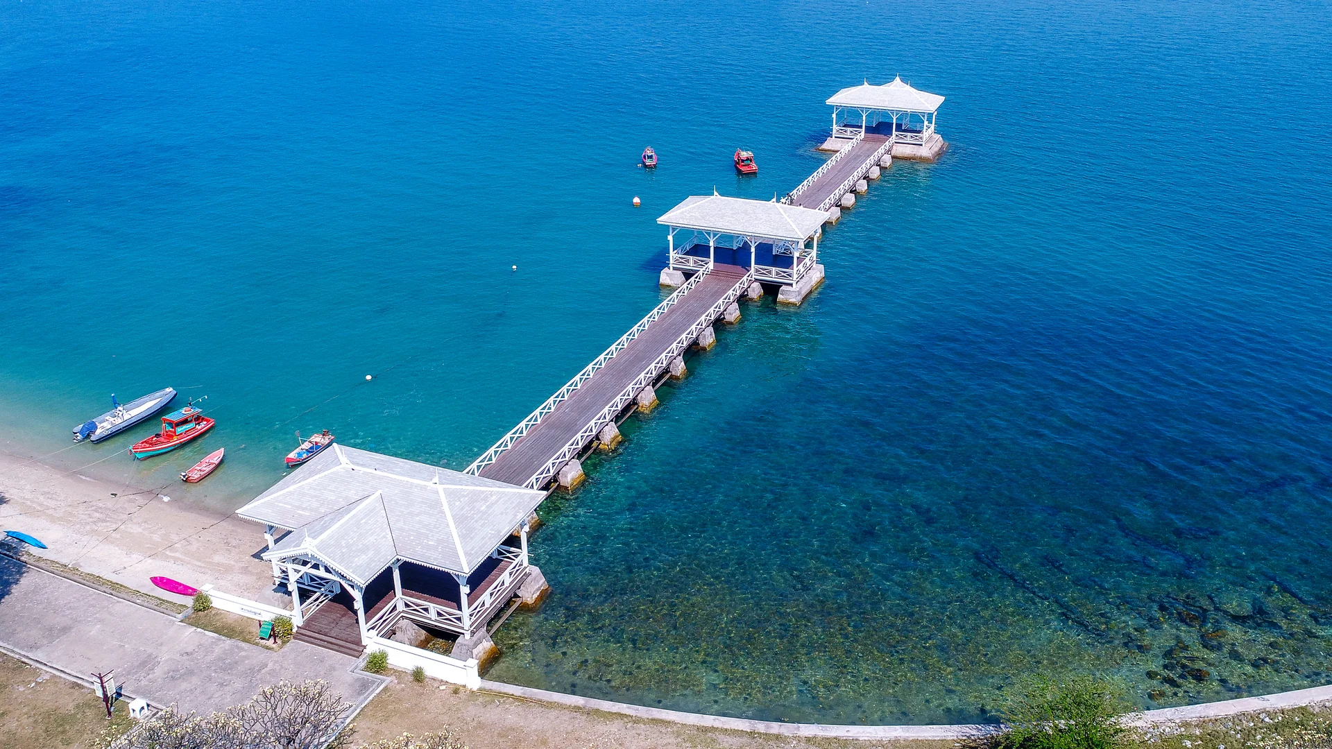 Aerial View Wood Waterfront Pavilion Koh Si Chang Island Thailand Asdang Bridge. Aerial wallpaper. 4000×2250px. Free downl…