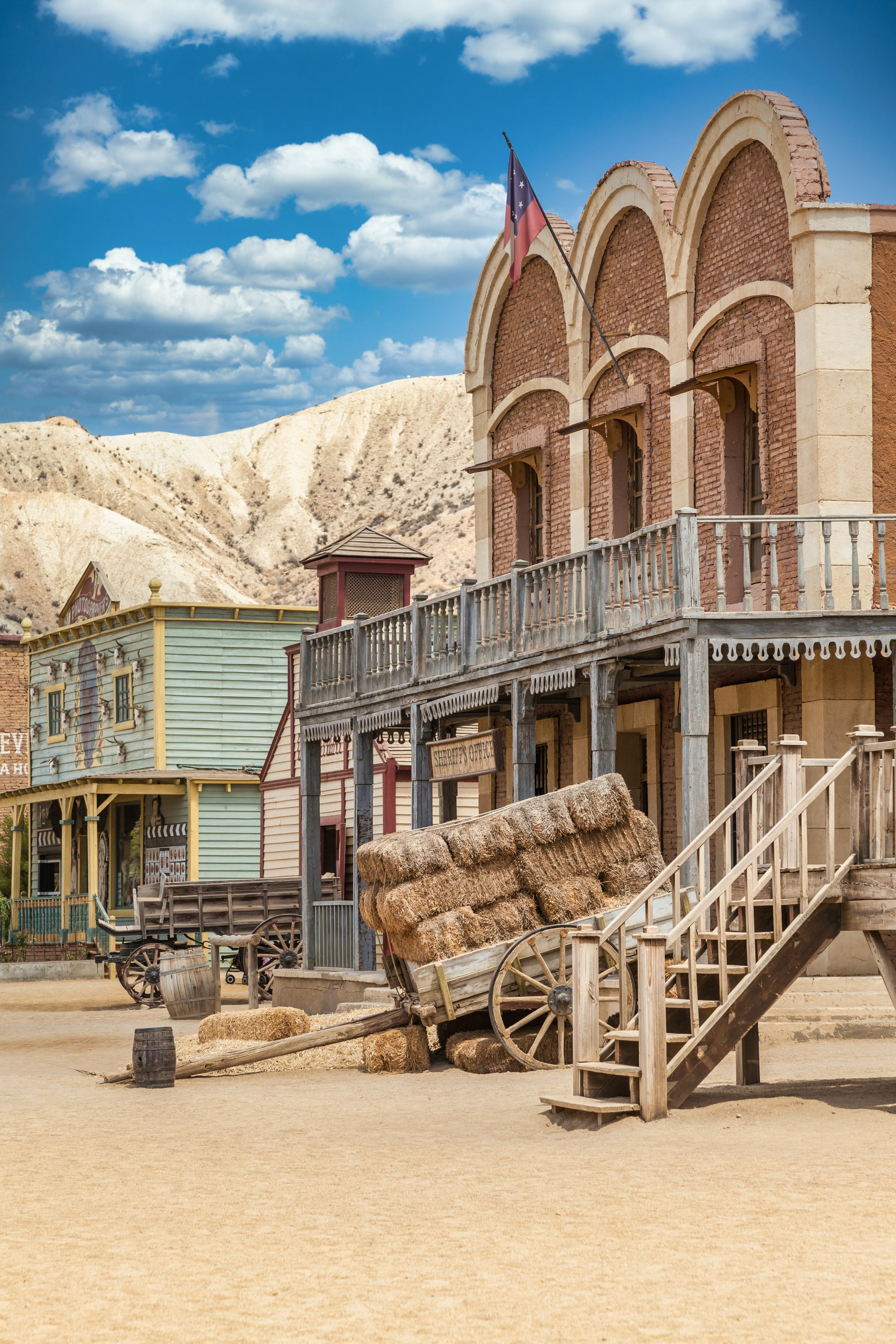 Almeria Spain Circa August 2020 Vintage Far West Town With Saloon Old Wooden Architecture Wild West With Blue Sky Background