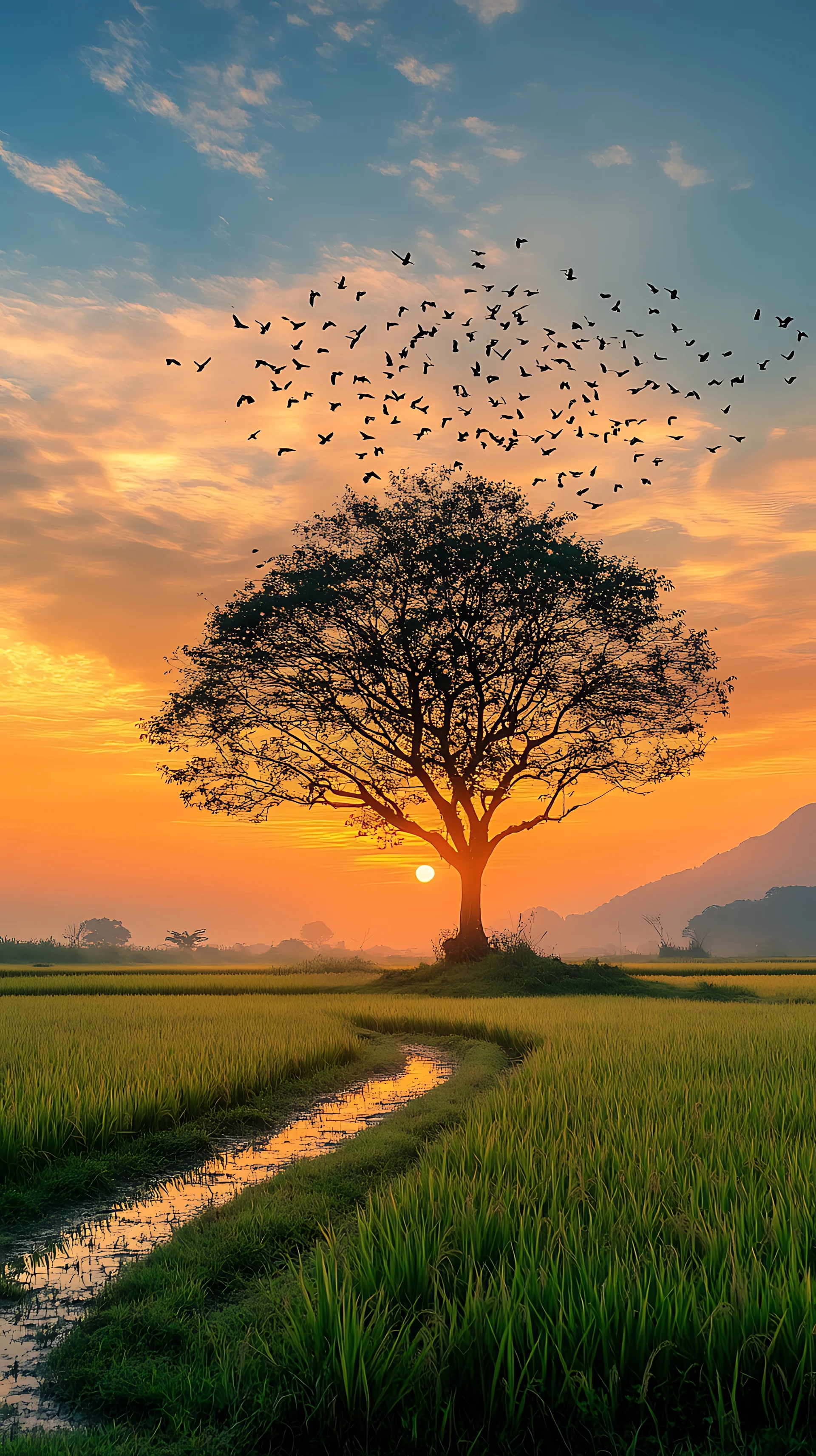 Arafed Tree Field With Sunset Flock Birds Flying. Nature wallpaper. 3264×5824px. Free download for personal use.