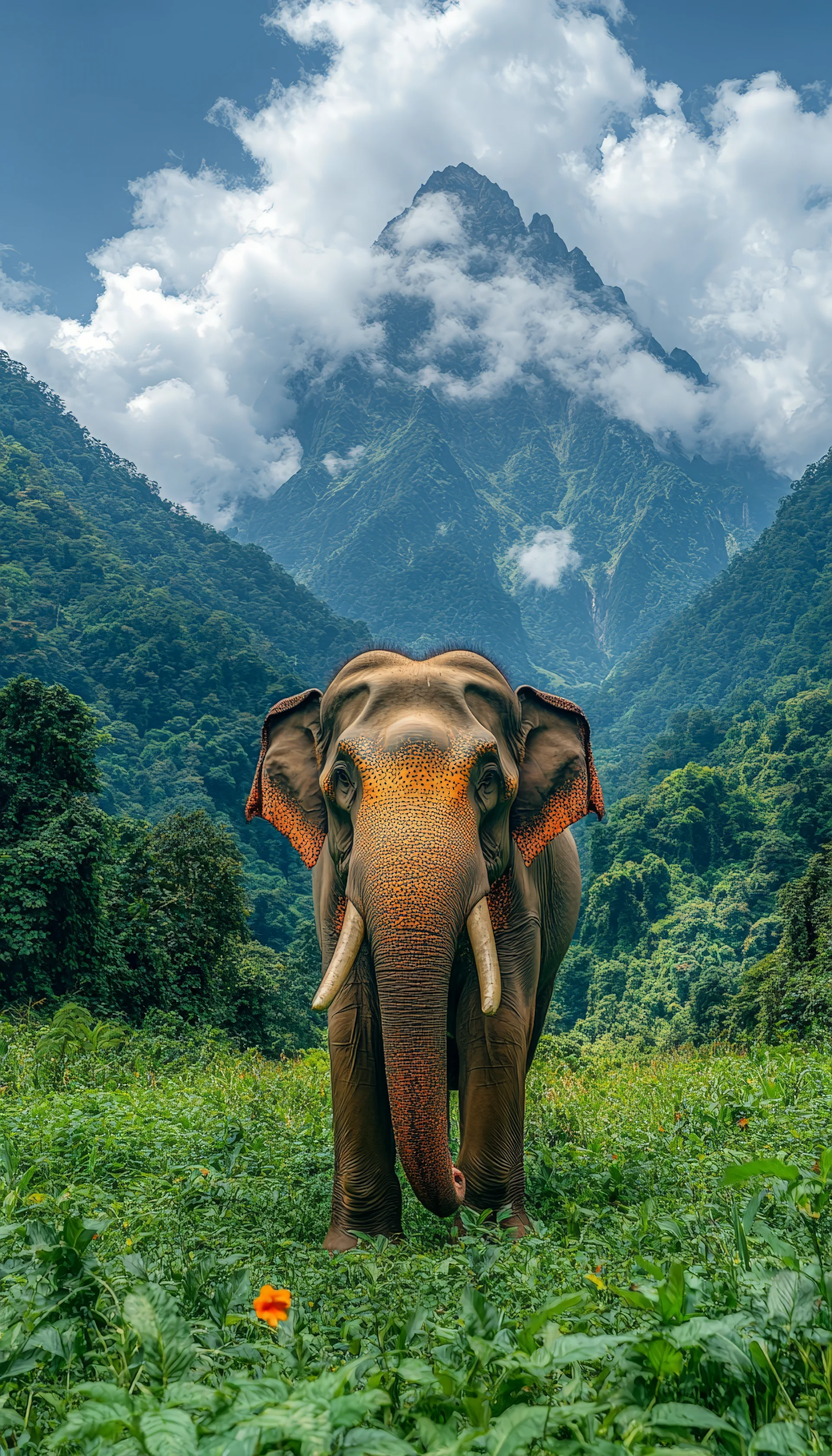 Asian Elephant Roams Green Park With Mountain Views. Nature wallpaper. 4576×8008px. Free download for personal use.