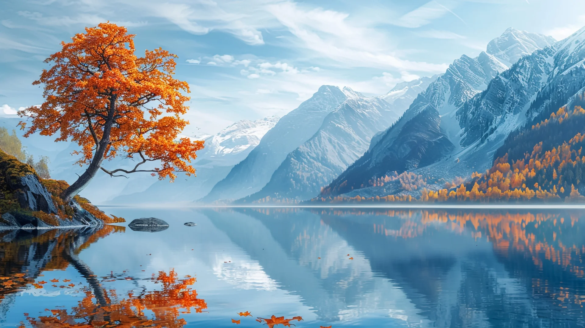 Autumn Landscape With Lake Mountains Background. Nature wallpaper. 5400×3026px. Free download for personal use.