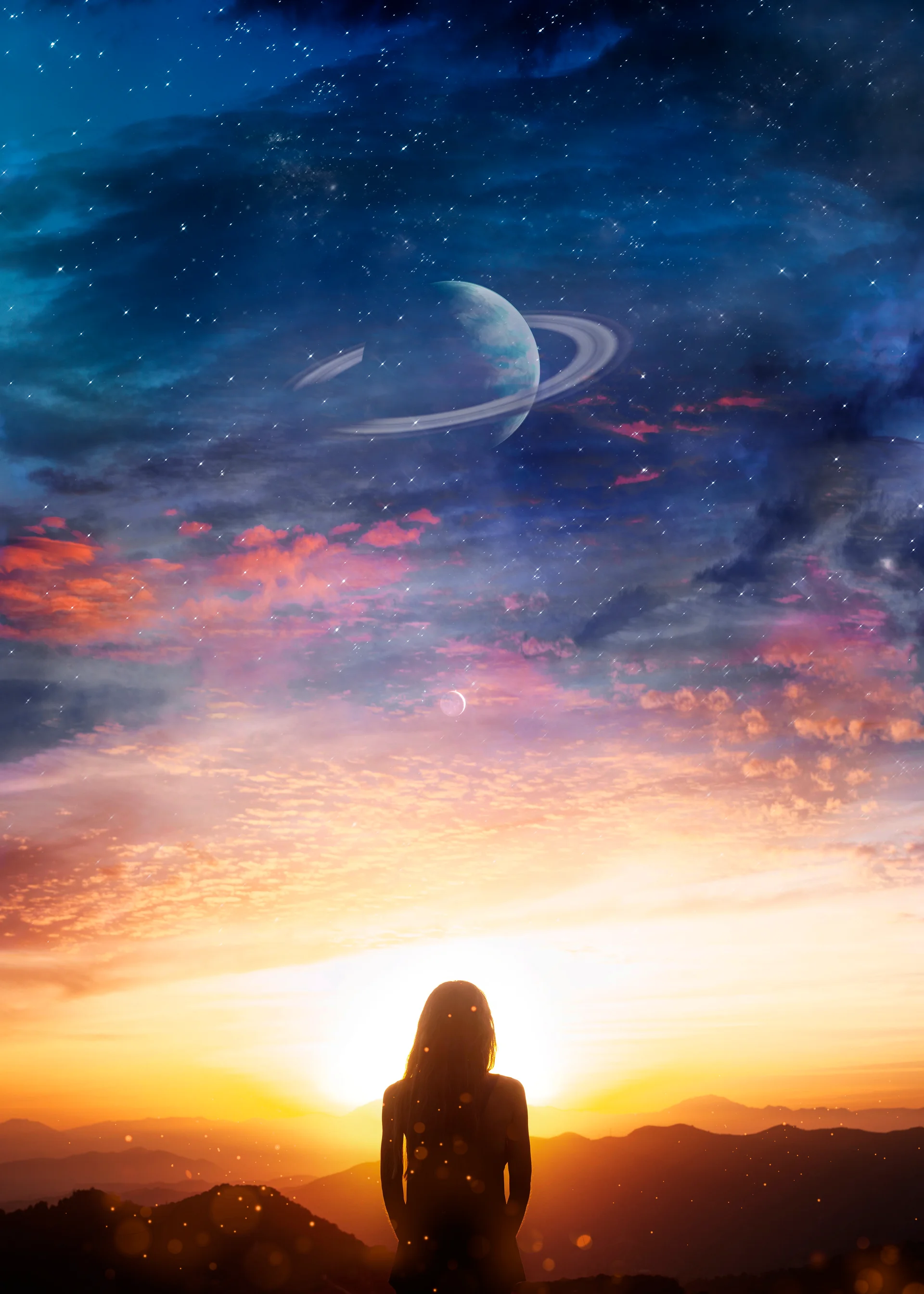 Back View Woman Astral Wallpaper. Aerial wallpaper. 4420×6188px. Free download for personal use.