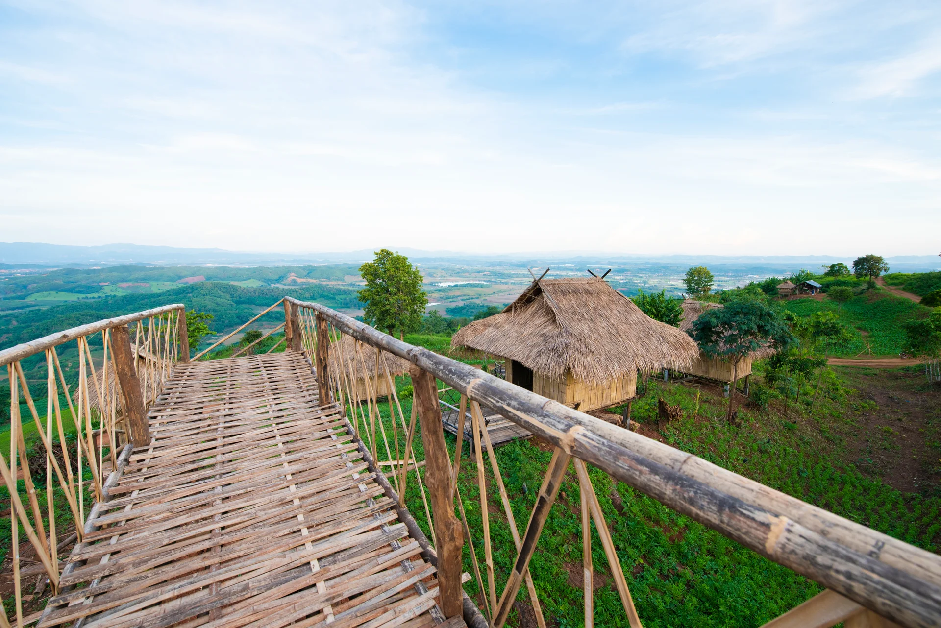 Bamboo Bridge Hut Mountain With Blue Sky. Nature wallpaper. 5779×3858px. Free download for personal use.