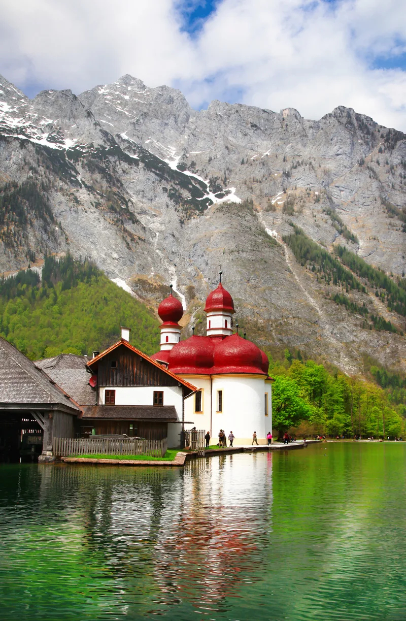 Beautiful Alpine Scenery Crystal Lake Koenigsee With Church