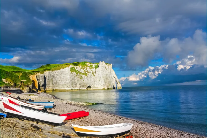 Beautiful Cliffs Aval Etretat Rocks Natural Arch Landmark Famous Coastline Colorful Boats Sea Landscape Normandy France Europe