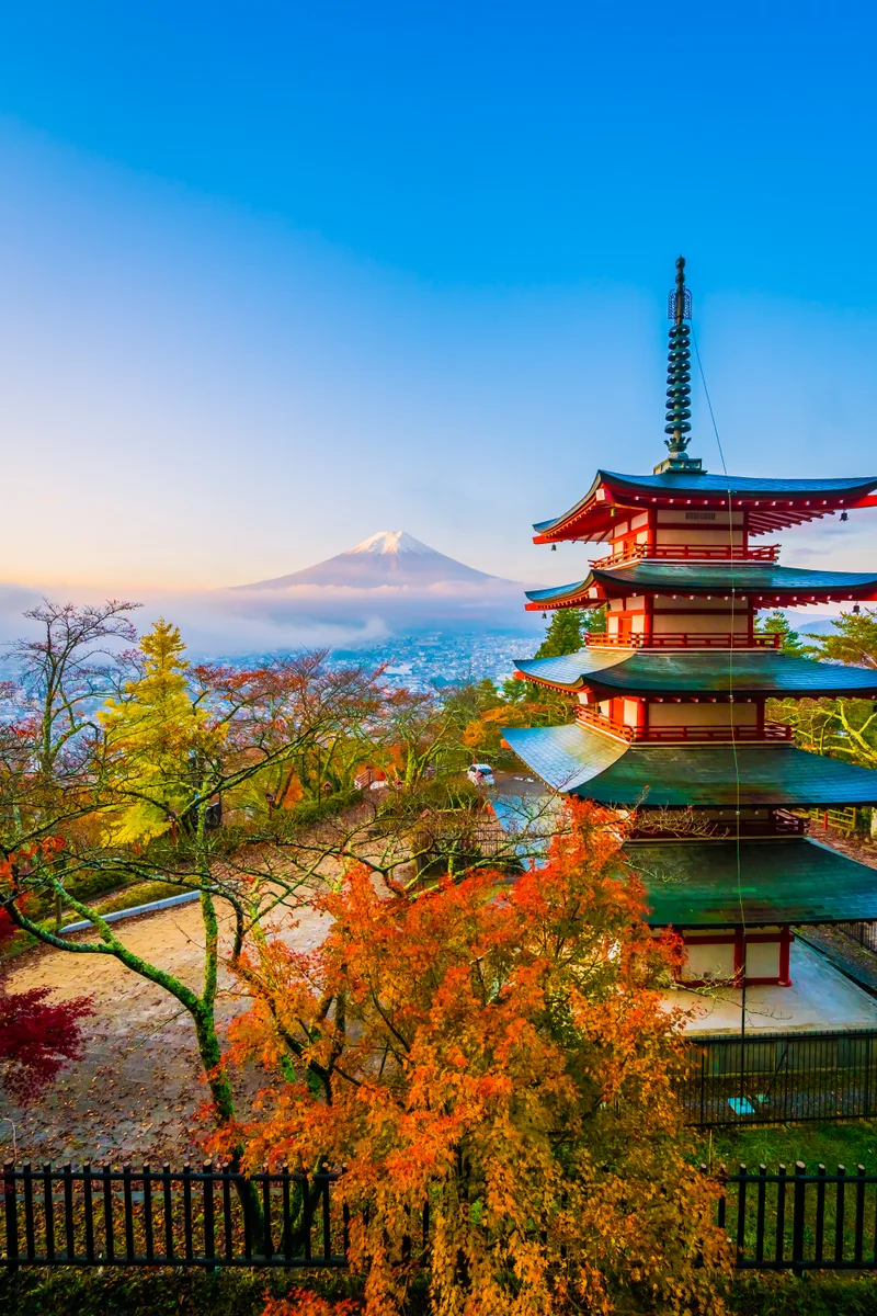 Beautiful Landscape Mountain Fuji With Chureito Pagoda Around Maple Leaf Tree Autumn Season
