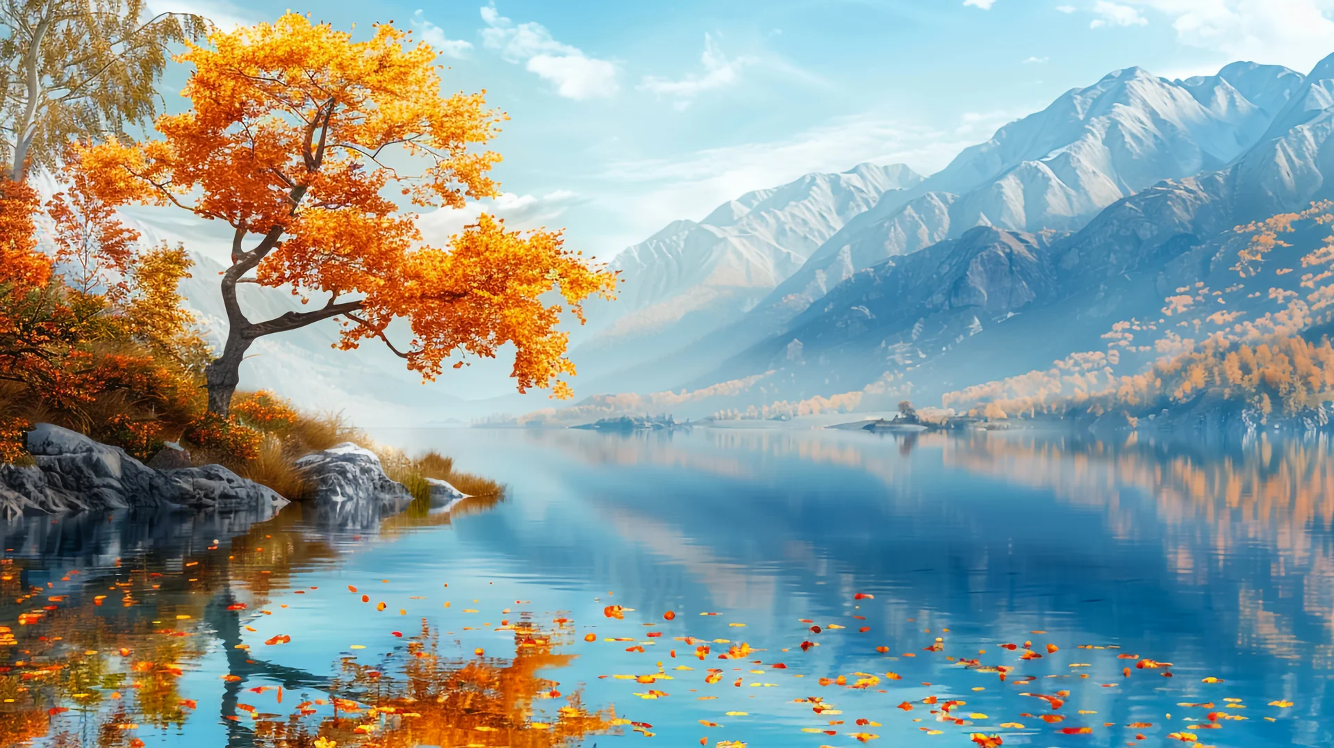 Beautiful Landscape With Lake Tree With Fall Colors. Nature wallpaper. 5400×3026px. Free download for personal use.