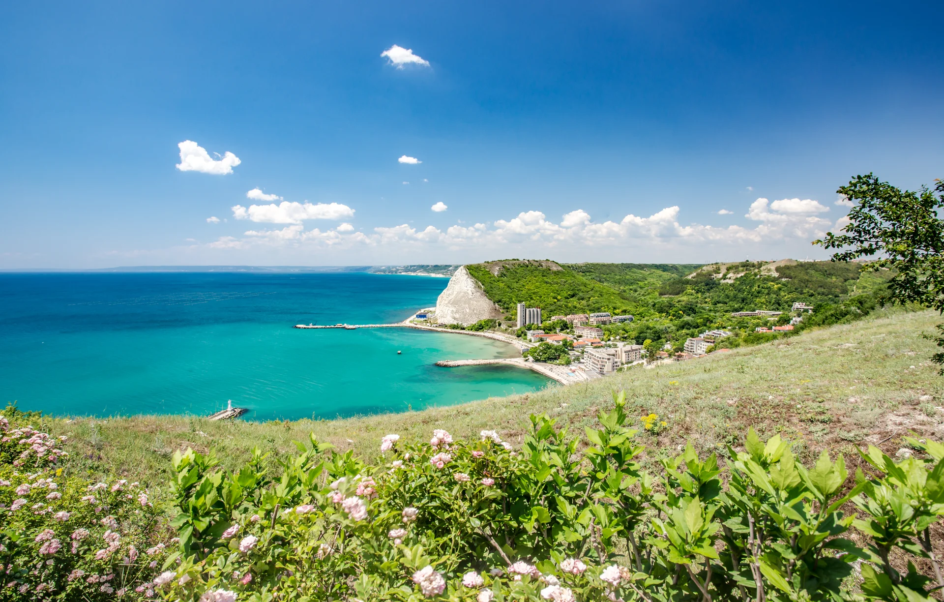 Beautiful Scene Town Near Sea Covered Green. Nature wallpaper. 6000×3824px. Free download for personal use.