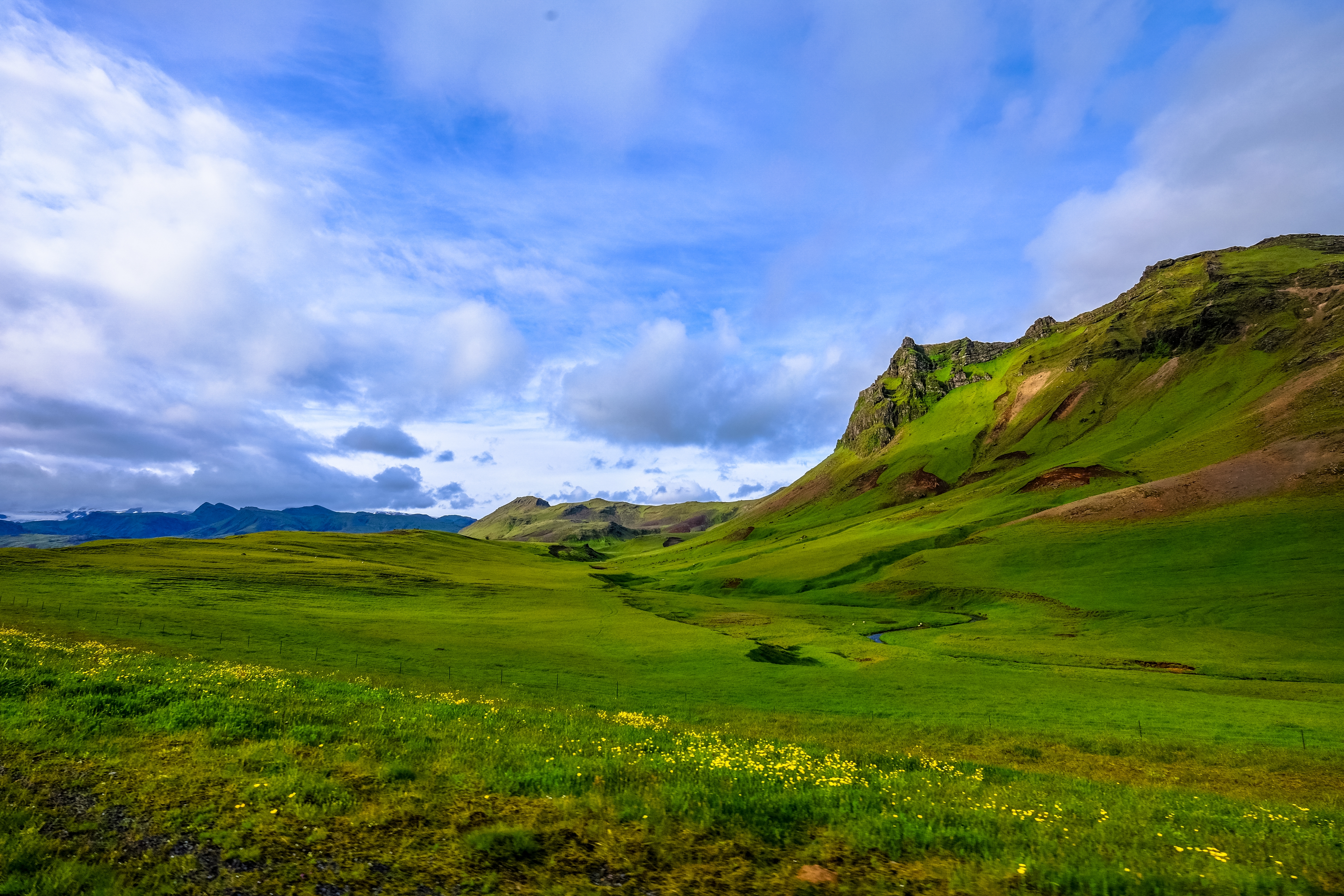 Beautiful Shot Grassy Field With Yellow Flowers Near Mountains Cloudy Sky