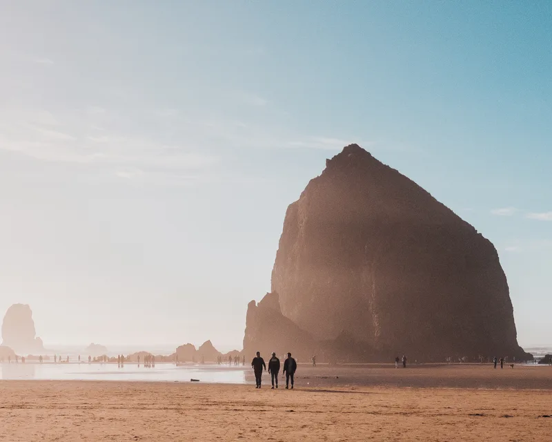 Beautiful Shot People Walking Beach Shore With Rock Distance Daytime