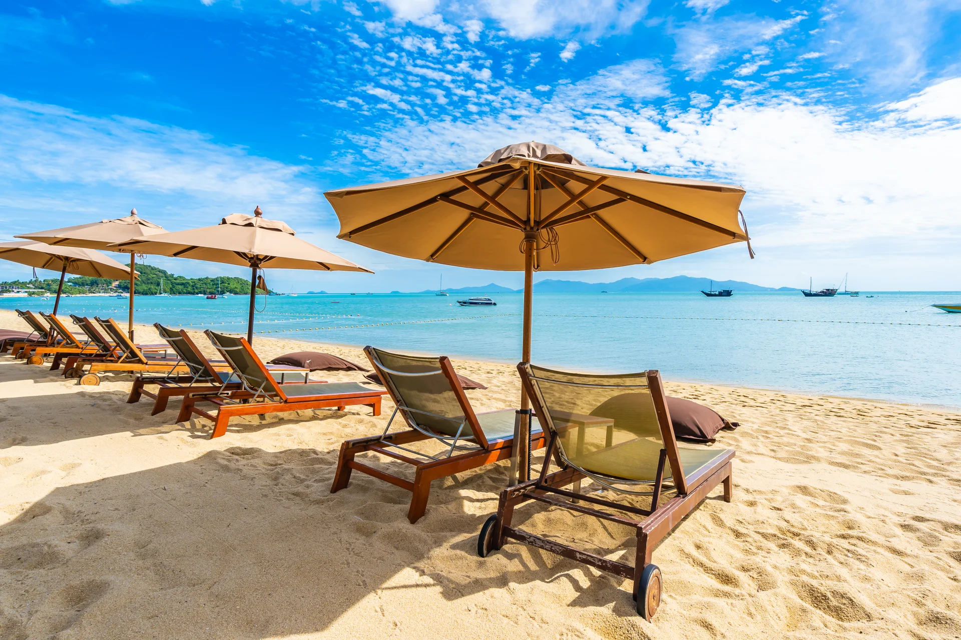 Beautiful Tropical Beach Sea Ocean With Coconut Palm Tree Umbrella Chair Blue Sky. Nature wallpaper. 6000×4000px. Free dow…