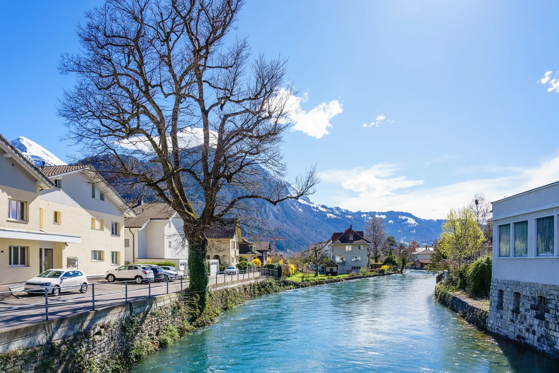 Beautiful View Old Town Interlaken Lake Canal Switzerland. Aerial wallpaper. 5940×3960px. Free download for personal use.