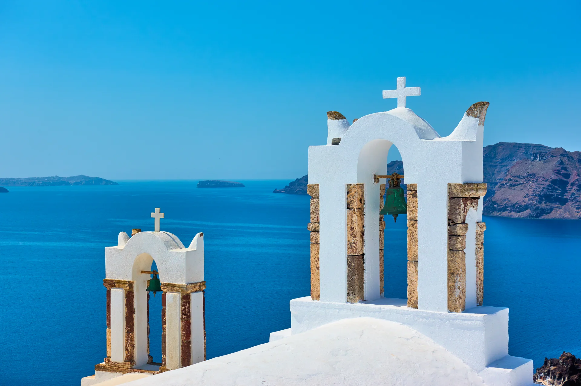 Bell Towers Greek Orthodox Church Sea Santorini Island Greece. Nature wallpaper. 5395×3586px. Free download for personal use.