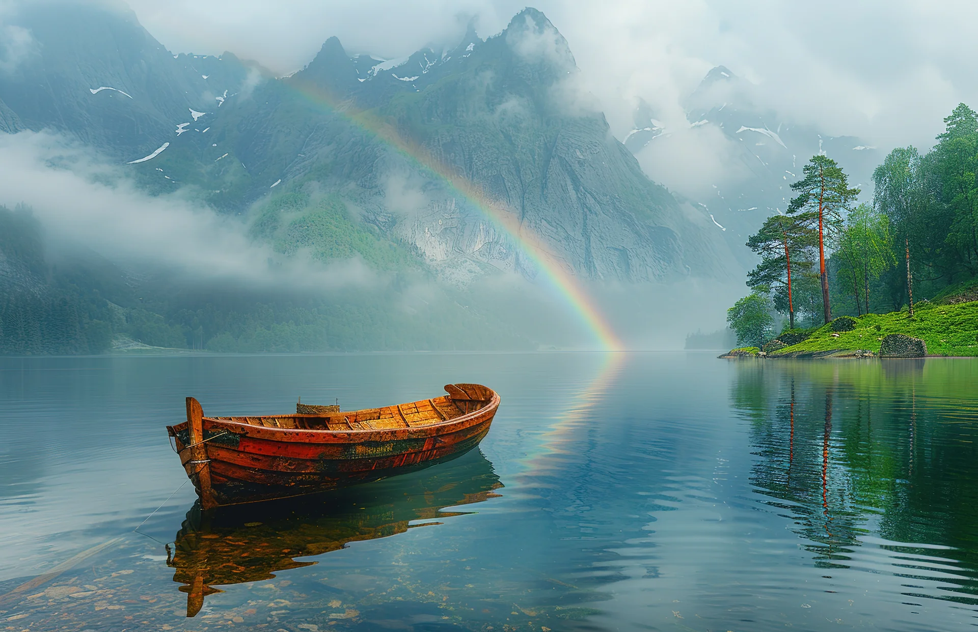Boat Water With Rainbow Background. Nature wallpaper. 5440×3520px. Free download for personal use.