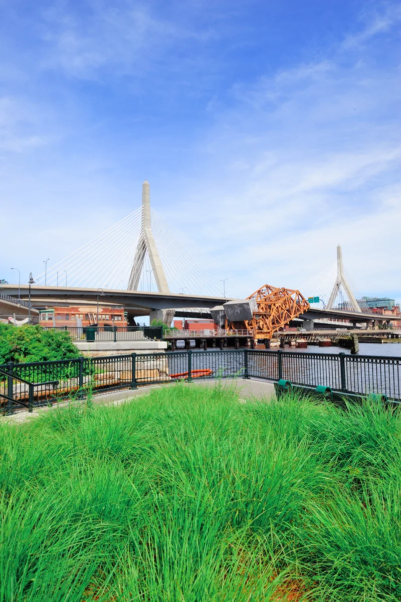 Boston Leonard P Zakim Bunker Hill Memorial Bridge With Blue Sky Park As Famous Land Mark