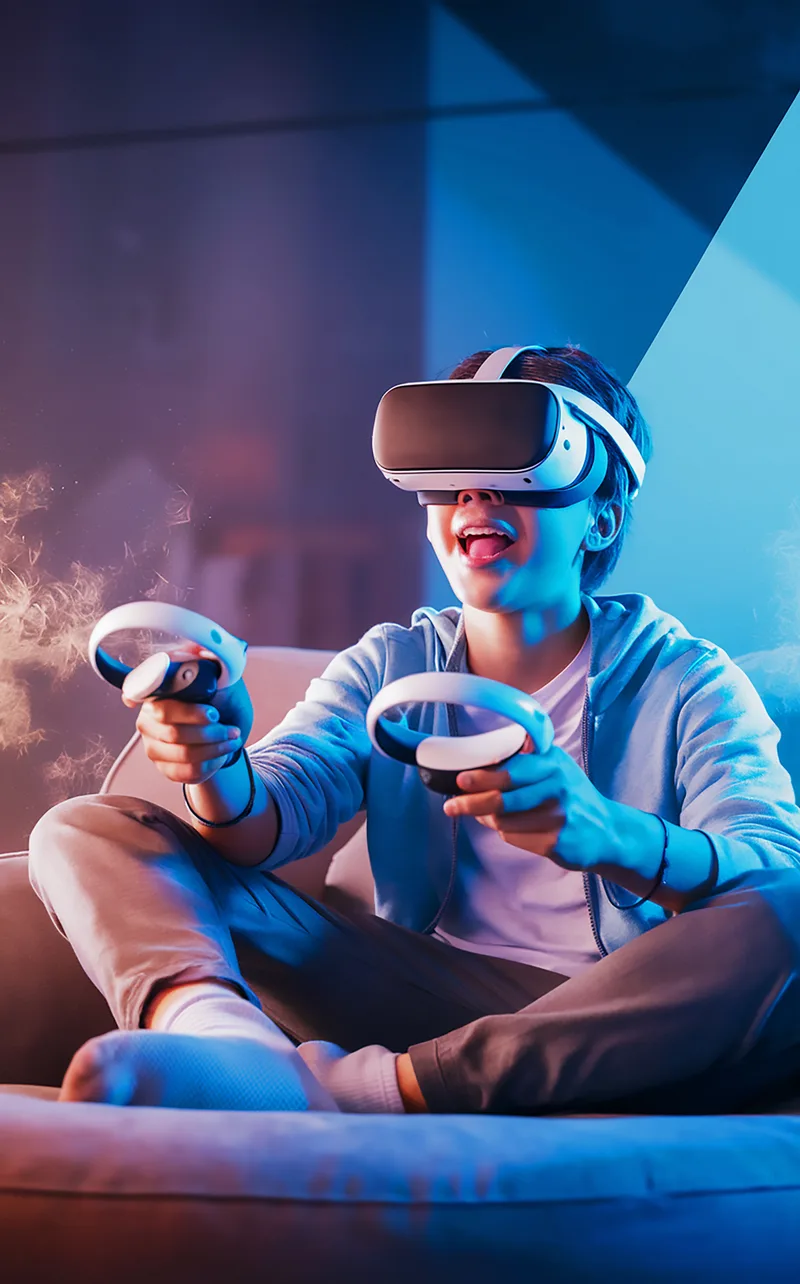 Boy Wearing Virtual Reality Headset Is Sitting Front Wall