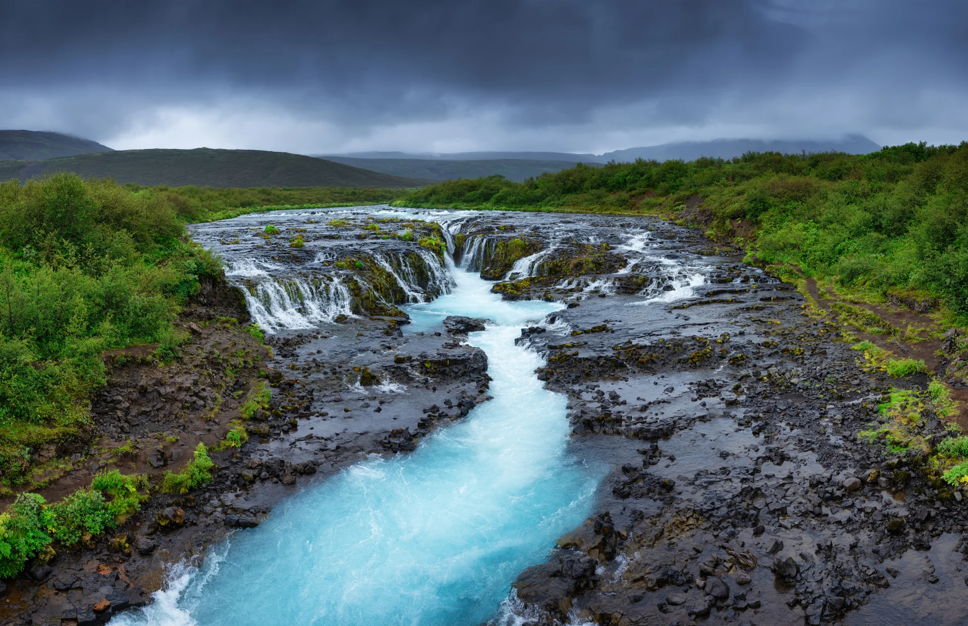 Bruarfoss Waterfall Iceland Panoramic Famouns Place Iceland Fast River Cascades Natural Landscape Summer Travel Image. Nat…