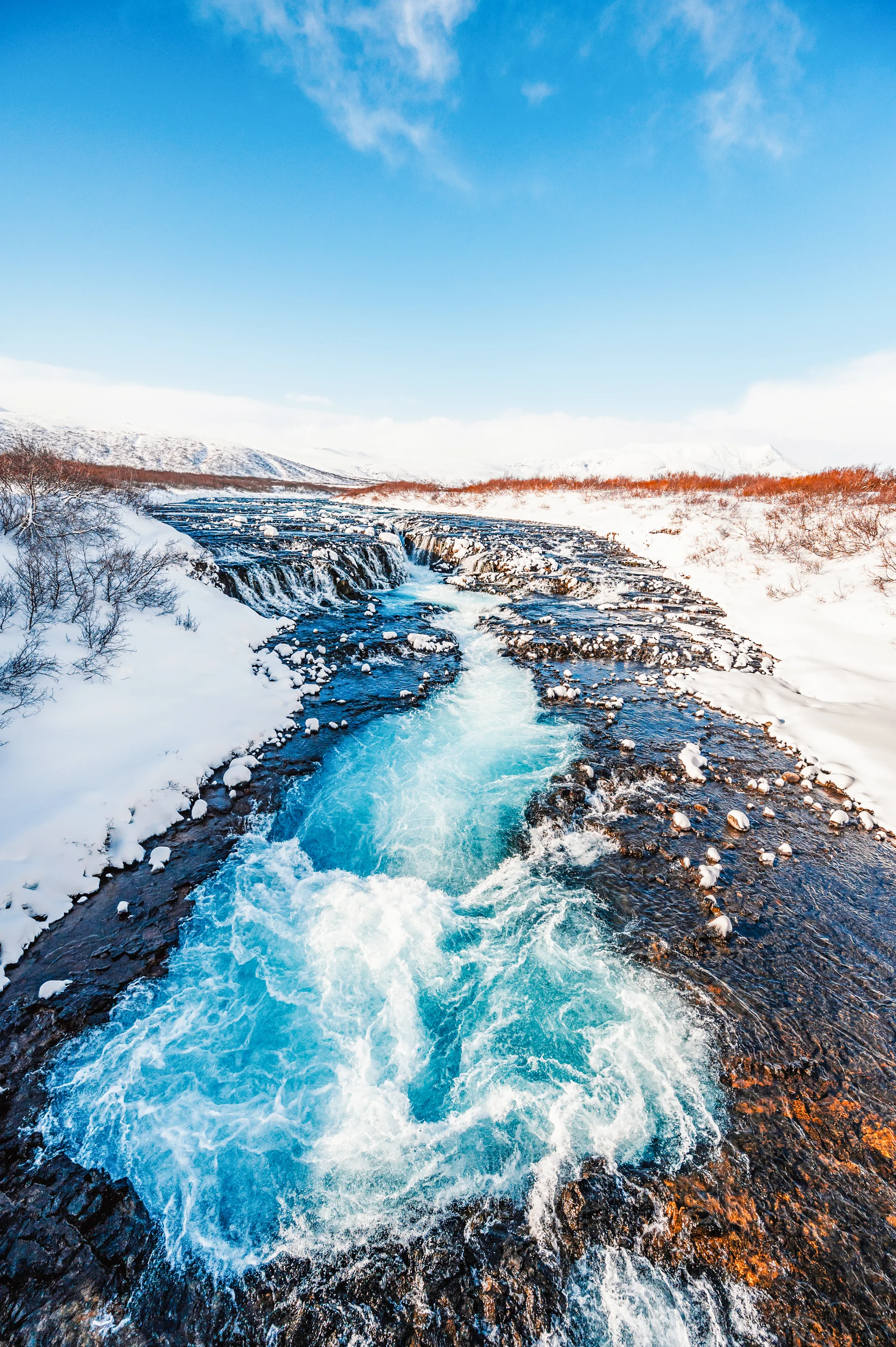 Bruarfoss Waterfall Iceland S Bluest Waterfall Blue Water Flows Stones Winter Iceland Visit Iceland. Nature wallpaper. 266…