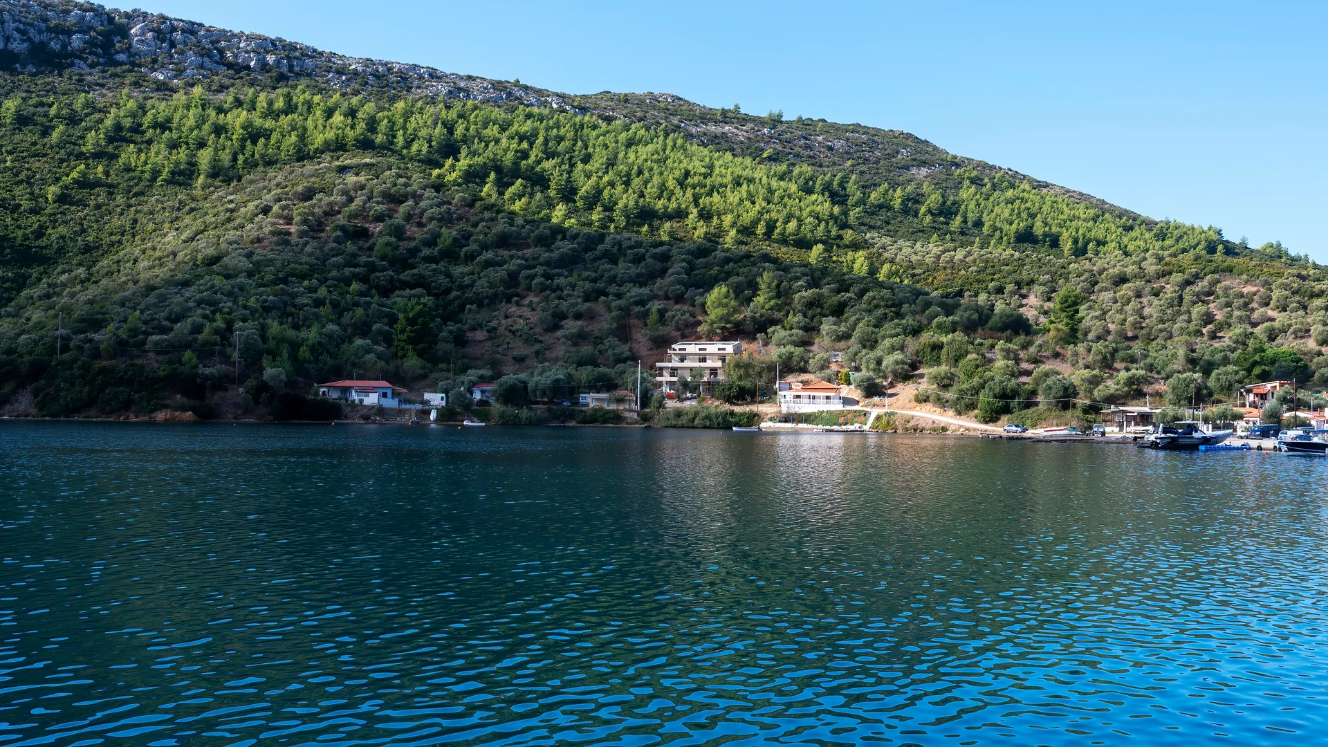 Buildings Moored Boats Near Water Lot Greenery Green Hills Greece. Nature wallpaper. 3730×2098px. Free download for person…