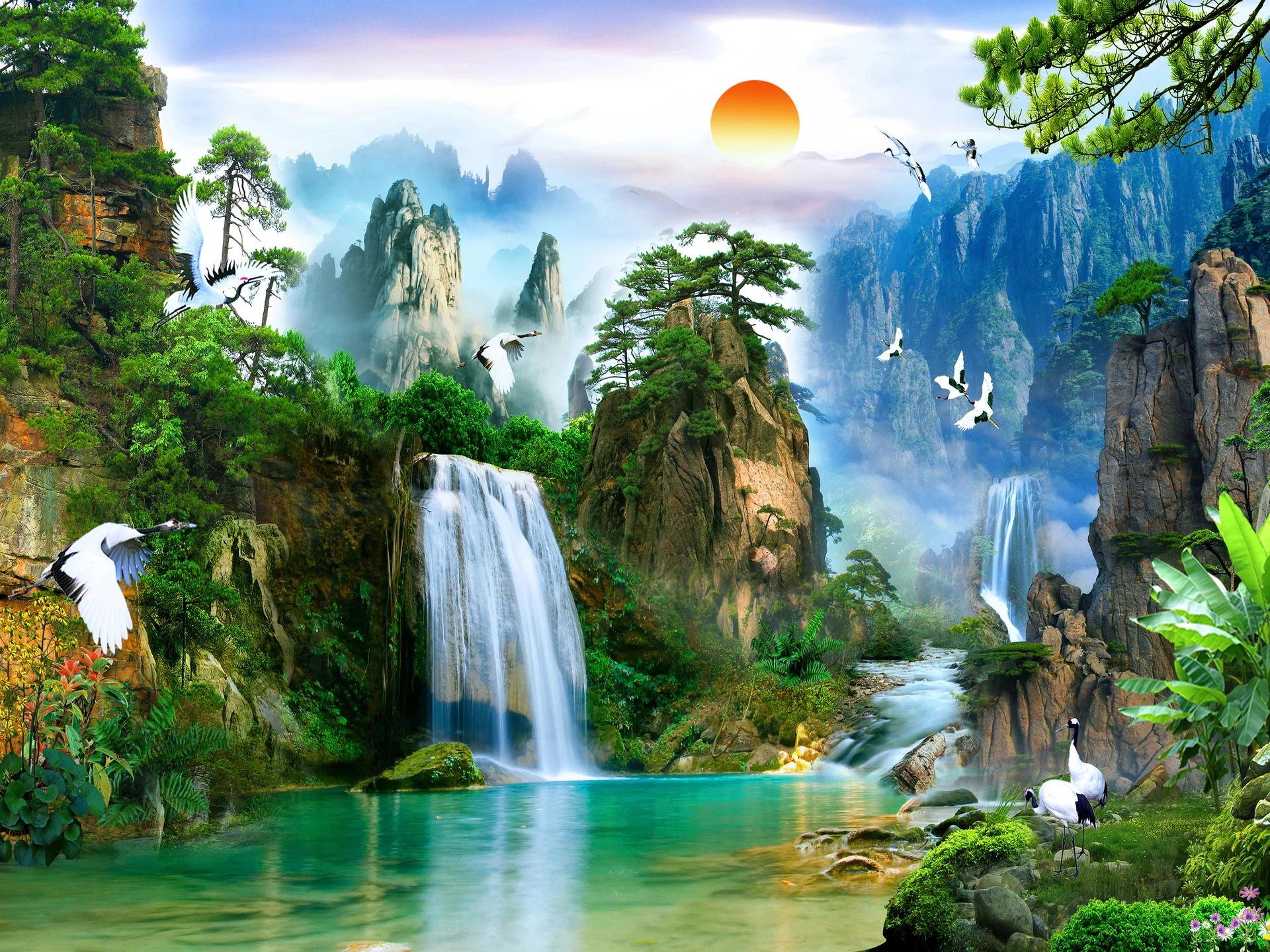 Captivating Blend Water Lush Greenery Cascading Waterfalls Create Picturesque Landscape. Nature wallpaper. 9071×6803px. Fr…