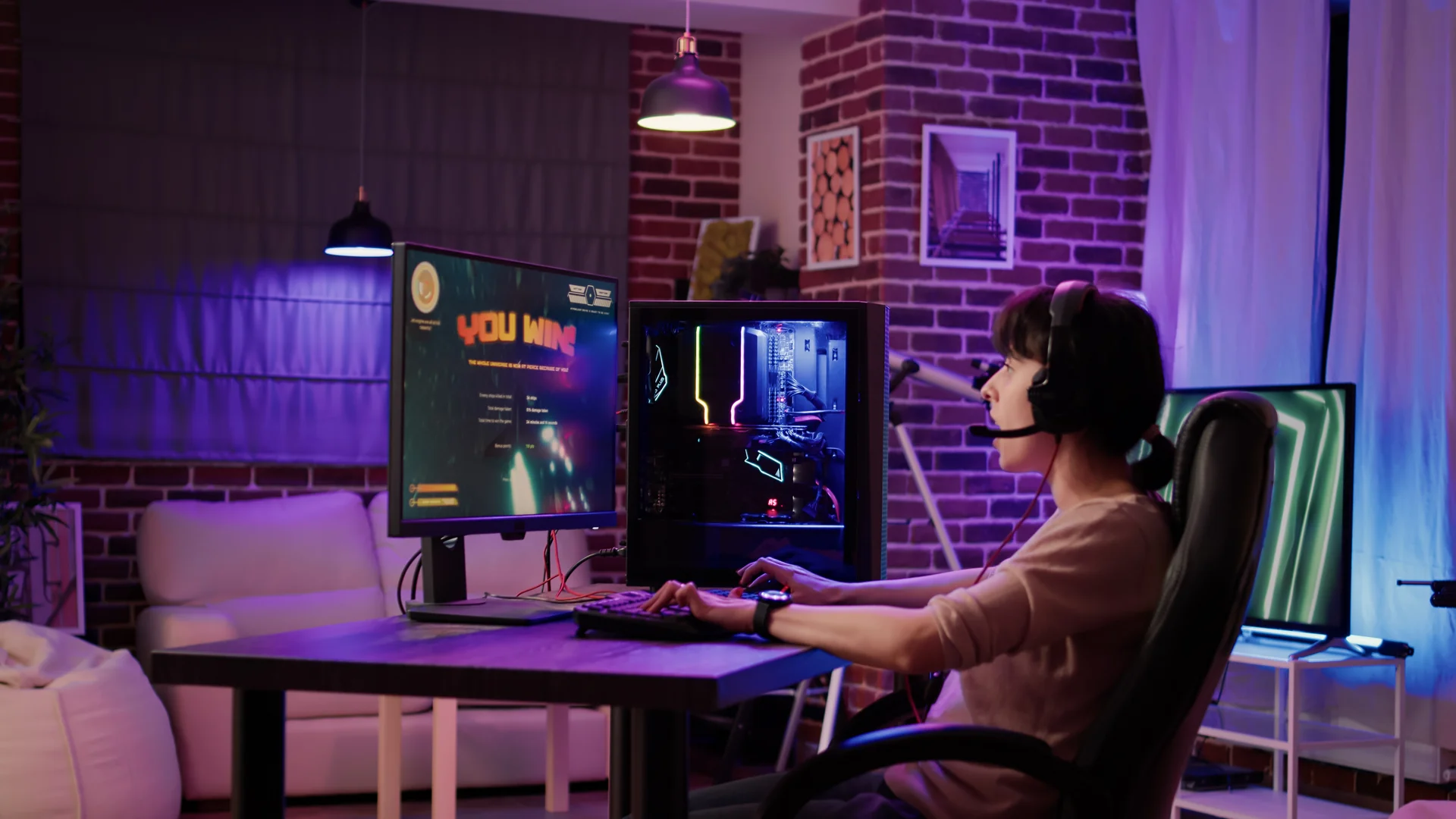 Caucasian Woman Celebrating Winning First Place Action Game Online Multiplayer Competition From Home Gamer Girl Playing Sp…