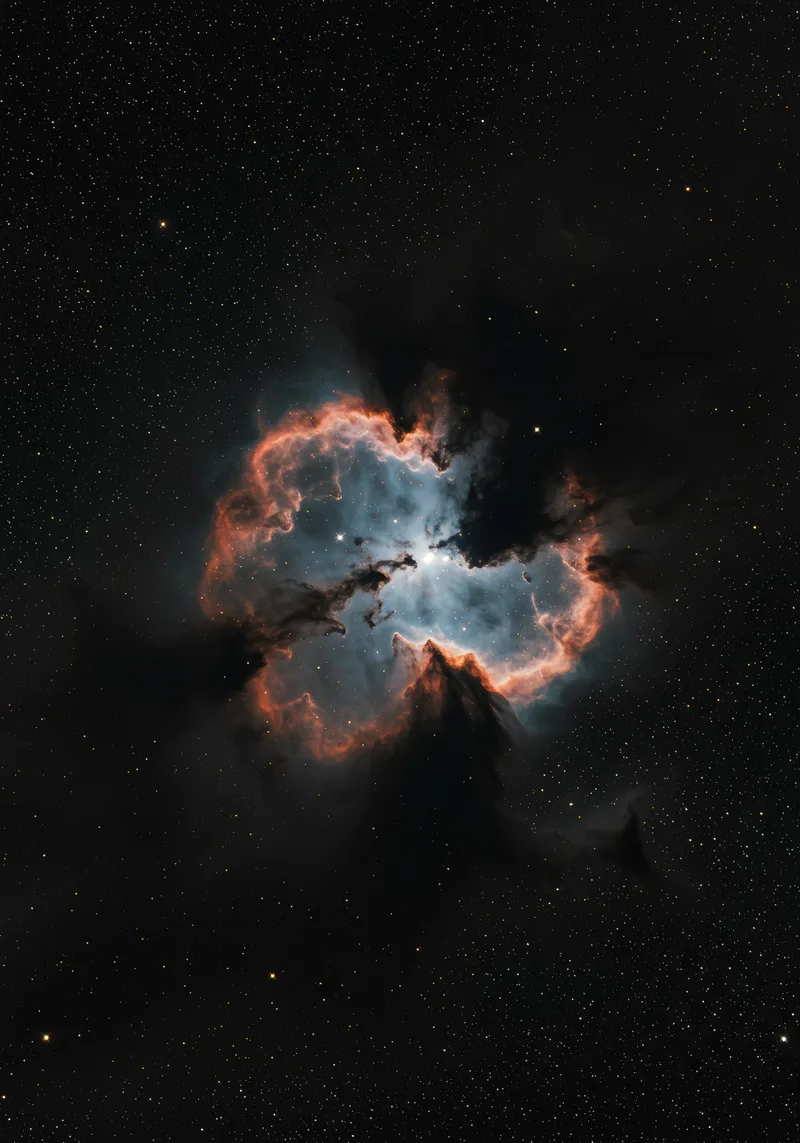 Celestial Cloud Formation Glowing With Orange Blue Light Against Starry Expanse Nebula Space