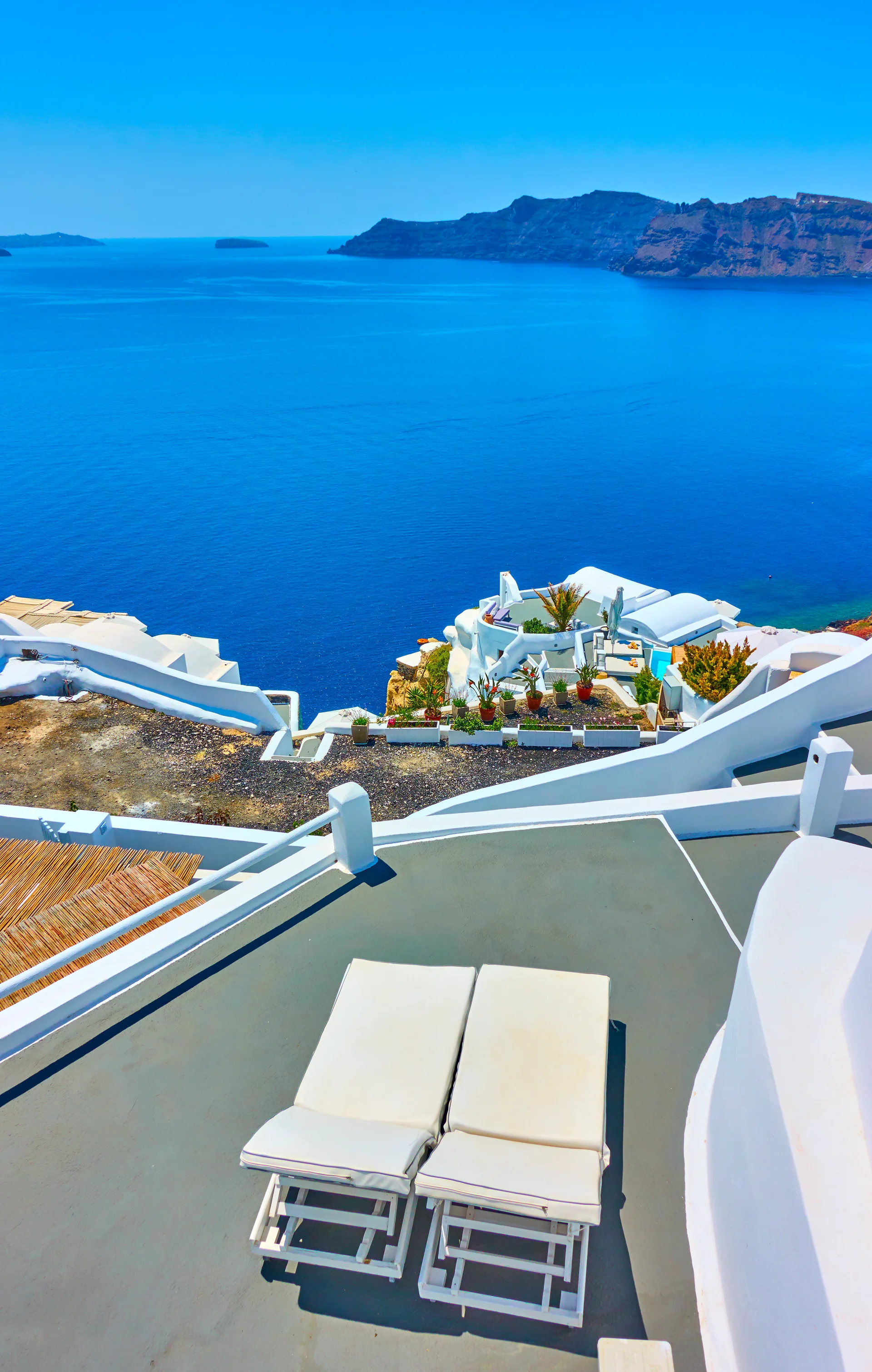Chaise Longues Terrace Santorini Island Greece. Uncategorized wallpaper. 3648×5738px. Free download for personal use.