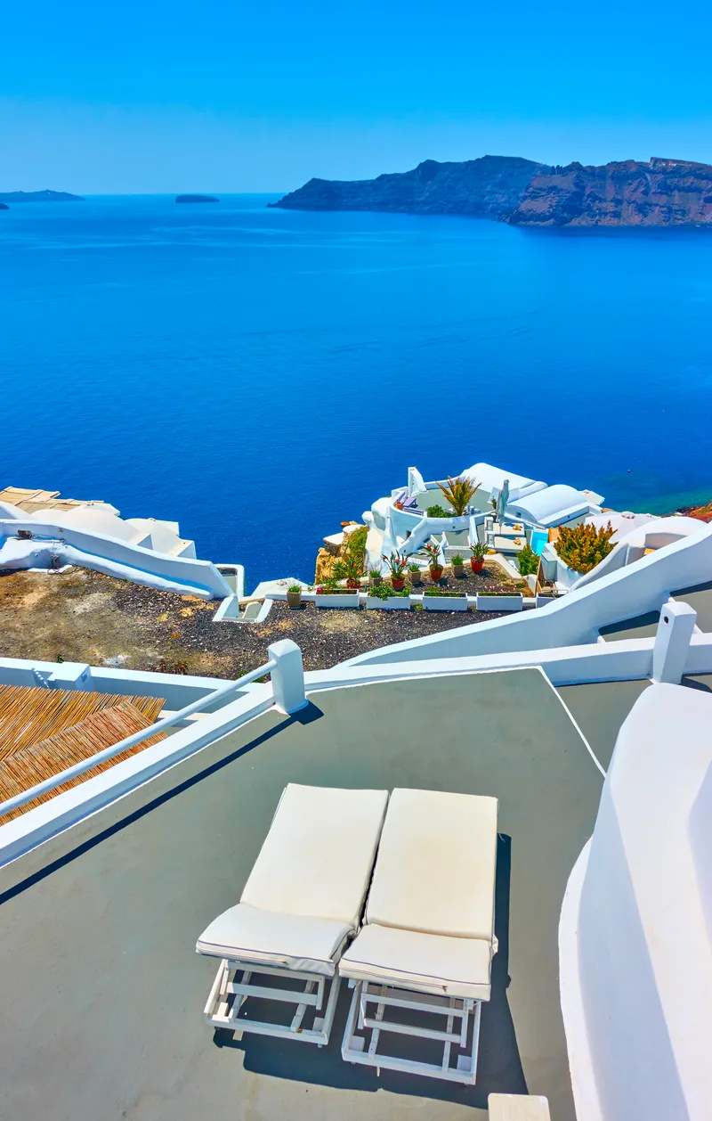 Chaise Longues Terrace Santorini Island Greece