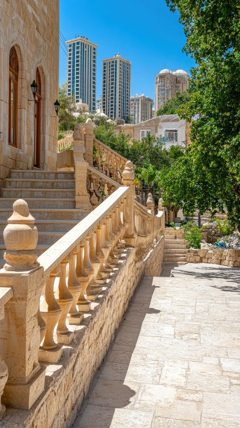 Charming Stone Balustrades Grace Historic Stairs Old Baku Building With Modern Skyscrapers Backdrop Bright Day