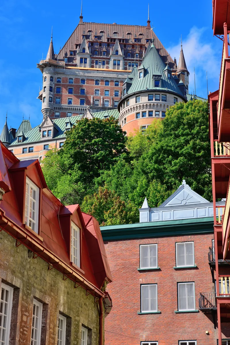 Chateau Frontenac Day With Cloud Blue Sky Quebec City With Street