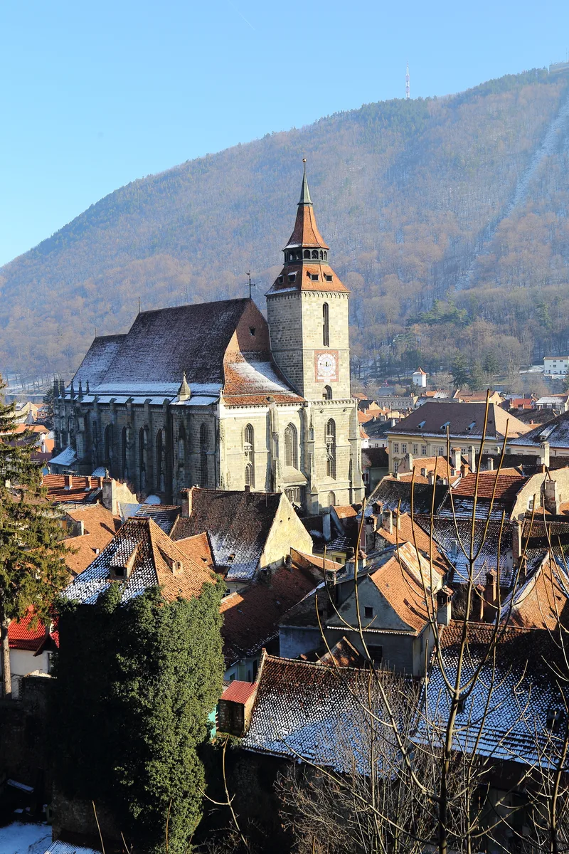 Church Old Town By Tree Mountain Against Clear Sky