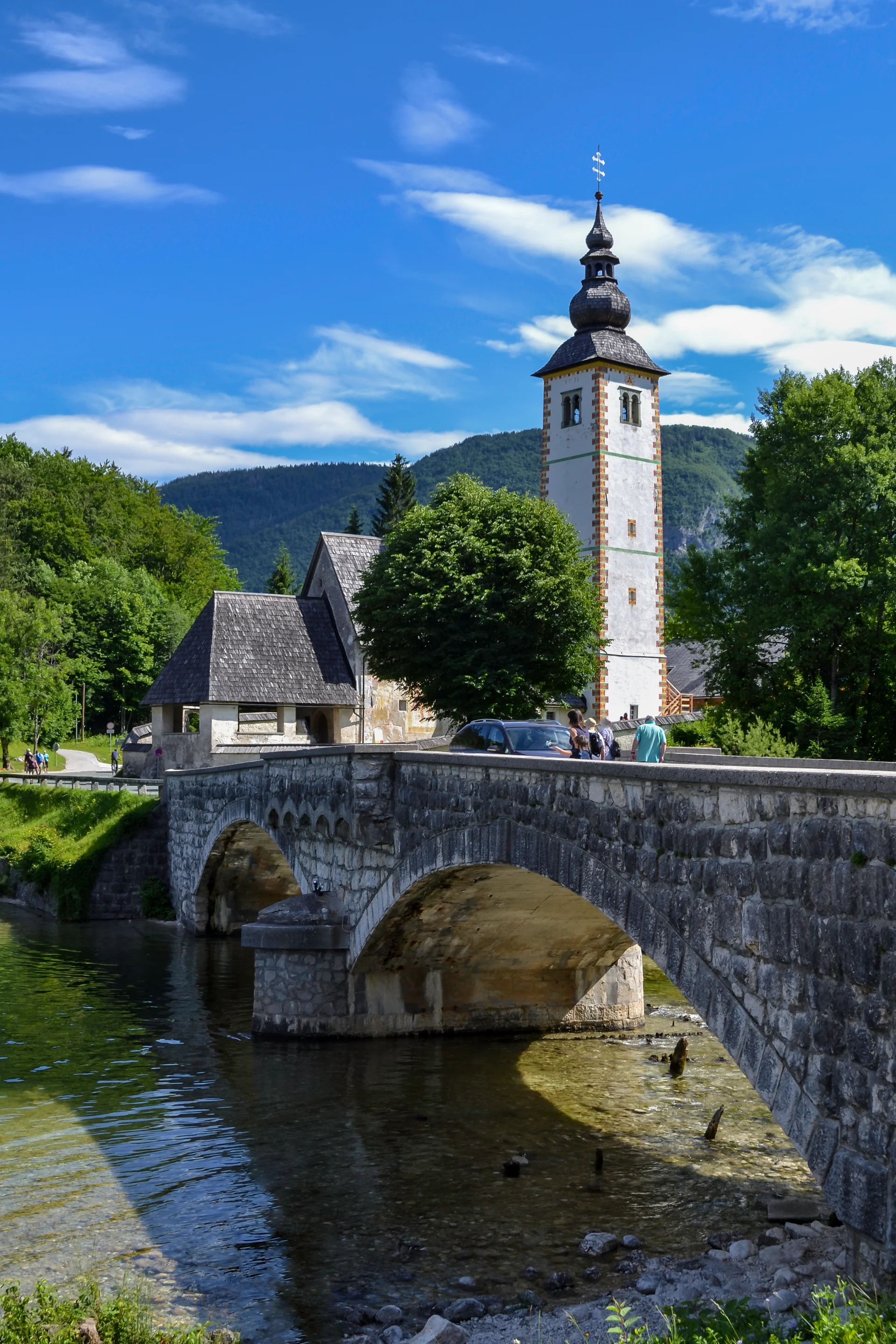 Church Shore Mountain Lake Old Stone Bridge River. Nature wallpaper. 2754×4131px. Free download for personal use.