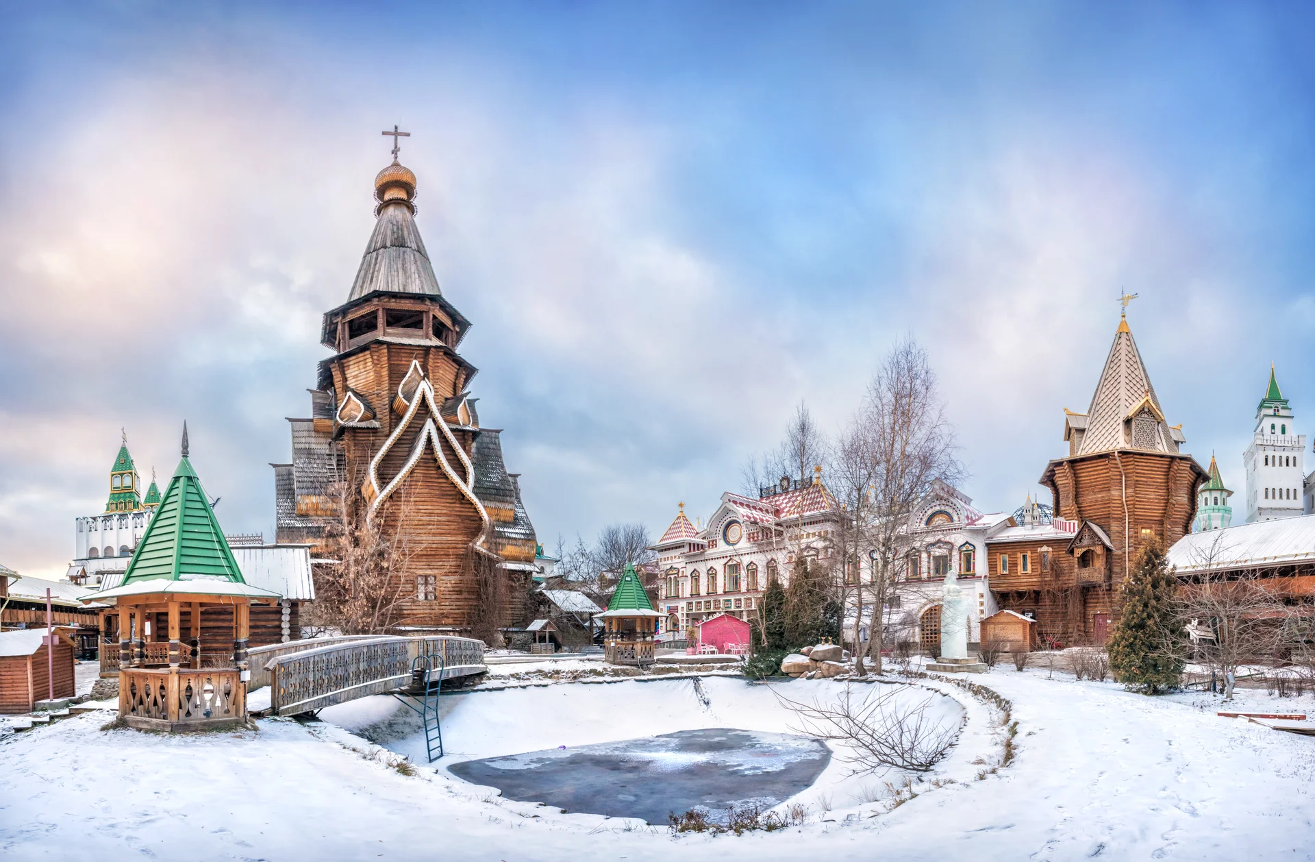 Church St Nicholas Frozen Pond Izmailovsky Kremlin Moscow Beautiful Blue Sky. Nature wallpaper. 8000×5242px. Free download…