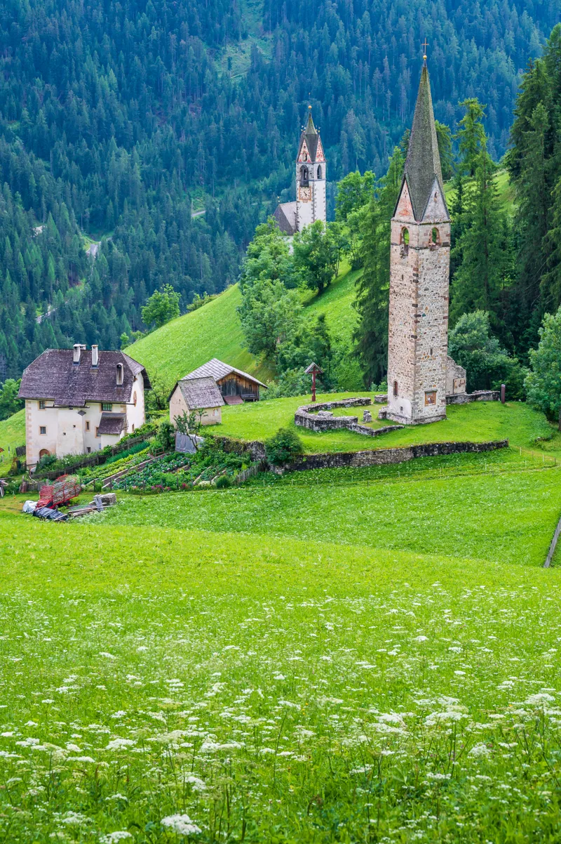 Clock Tower Ancient Church Saint Genesio La Val Val Badia Heart Dolomites