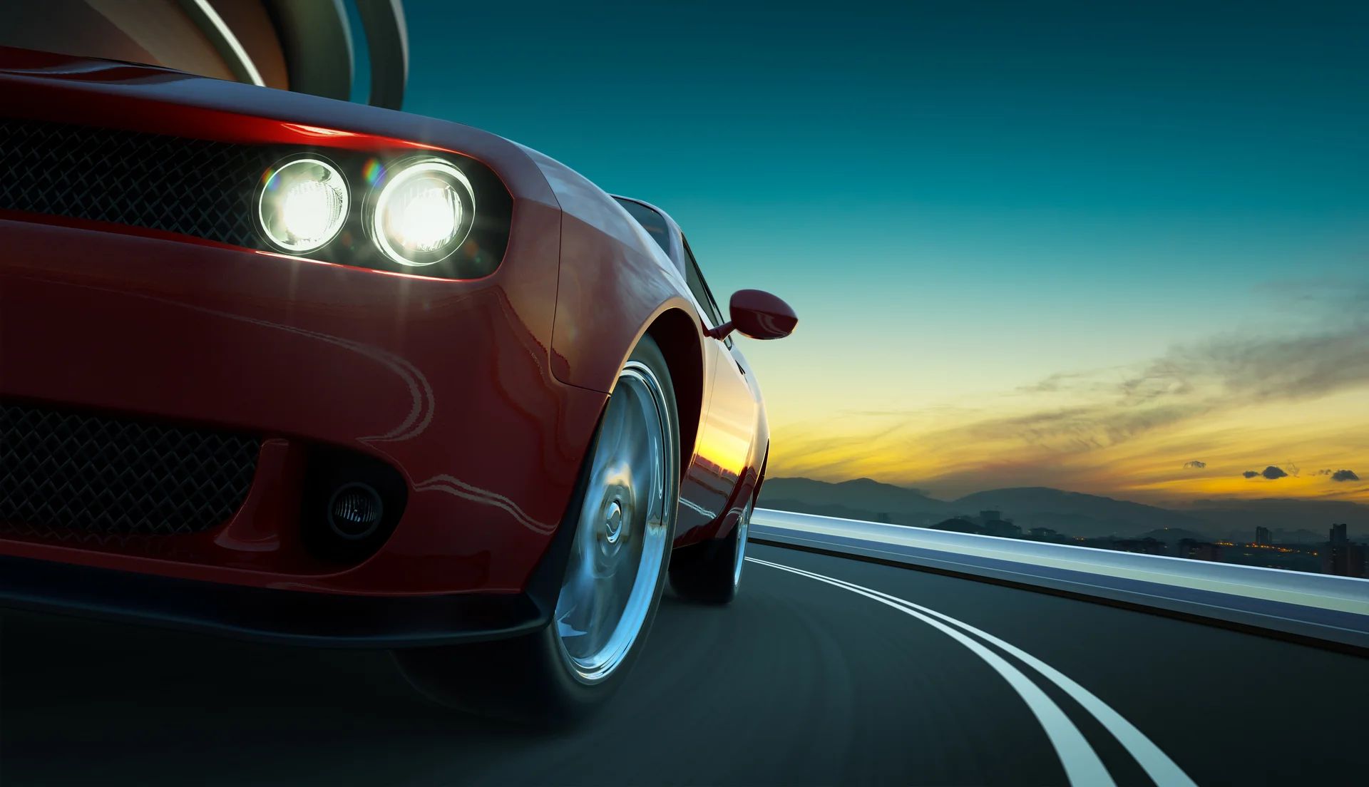Closeup Front Low Angle View Generic Red Brandless American Muscle Car City Street Road With Motion Blur Transportation Co…