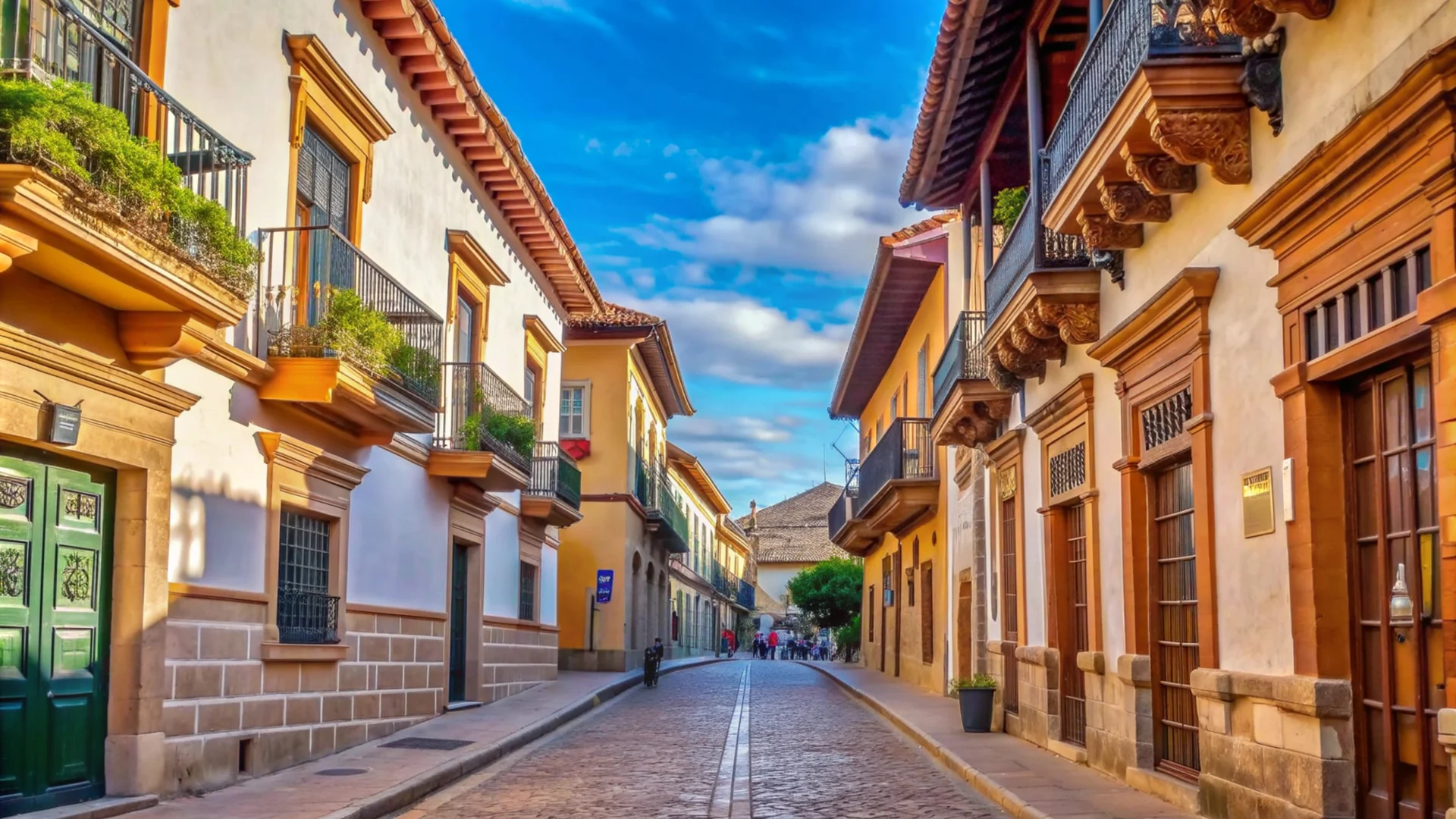 Cobblestone Street Lined With Colorful Buildings Balconies. Cities wallpaper. 7000×3938px. Free download for personal use.
